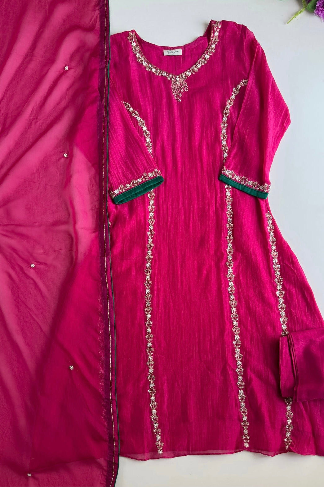 ✨”Maya - Premium Pink Mul Chanderi A-Line Kurta Set