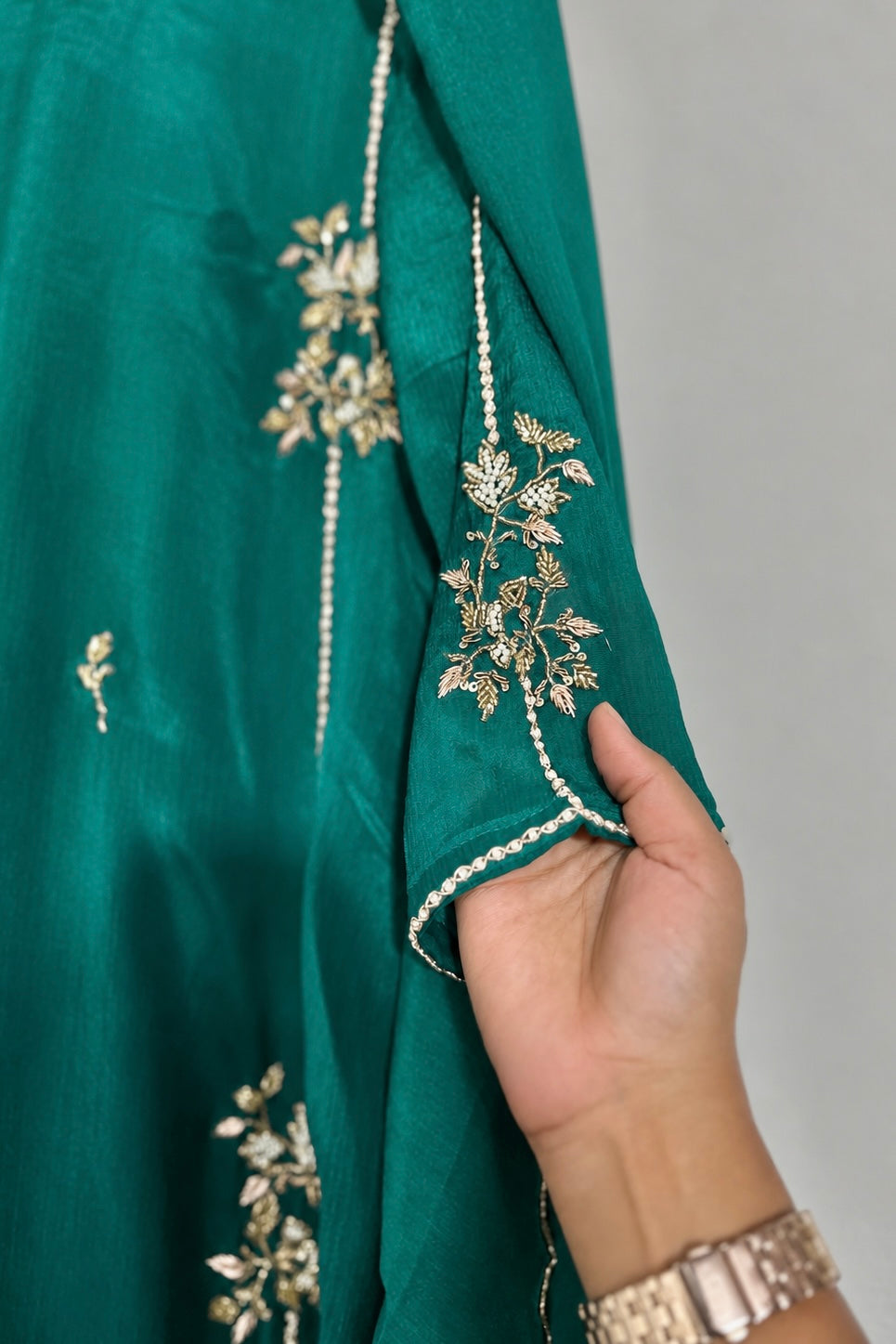 “Noor” Introducing Emerald Green Heavy Handwork Chinnon A Line Suit