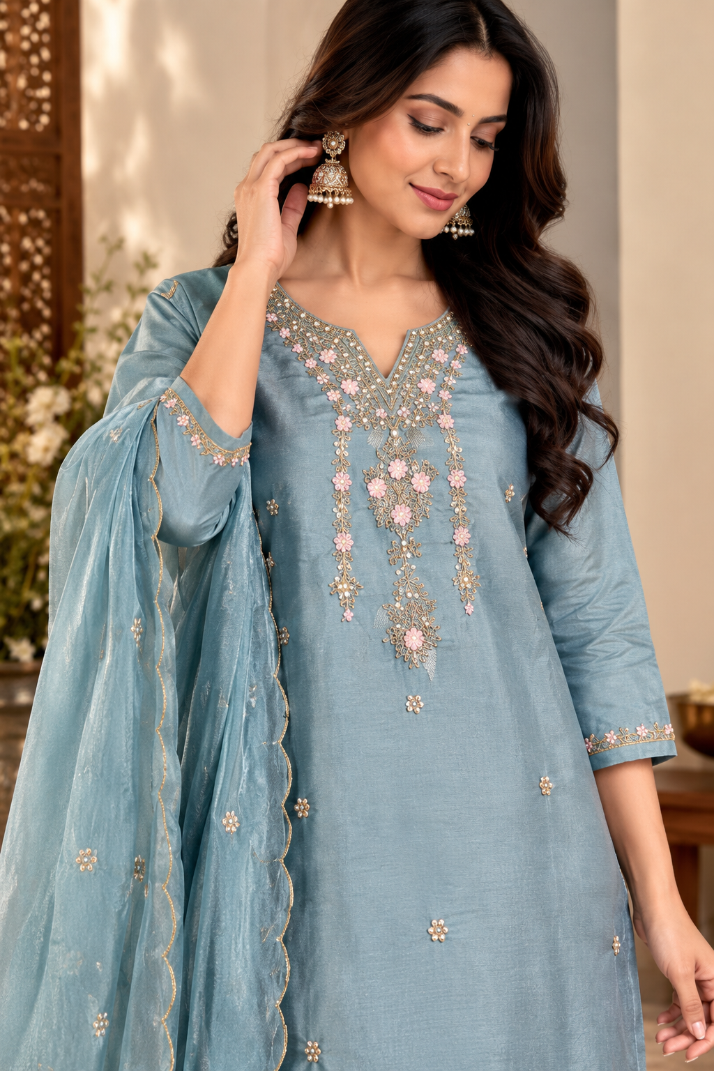“Divya” Premium Blue Tissue Silk Kurta Set
