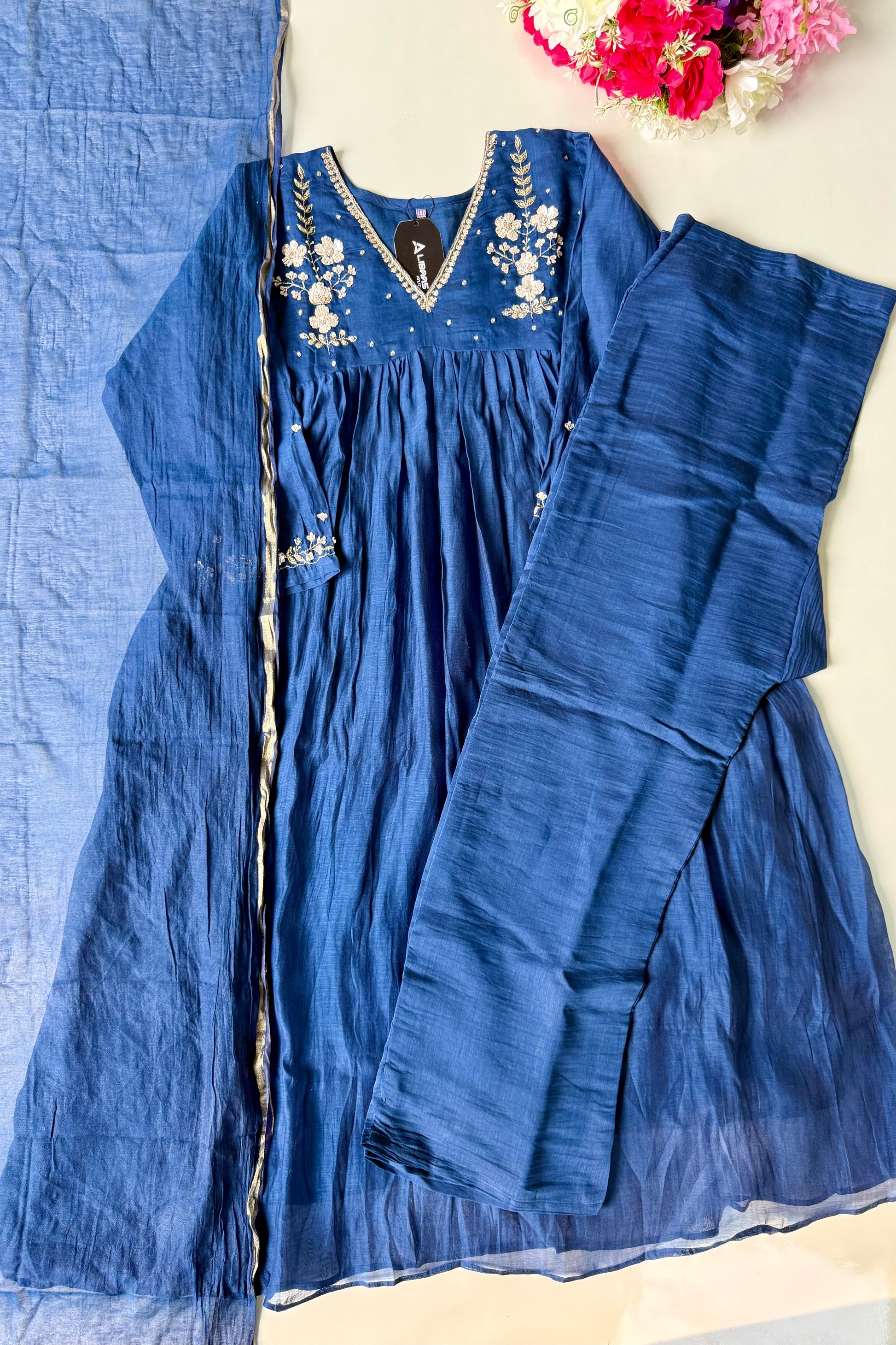 🛍️”Melody –  Premium Blue Banarsi Mul Chanderi Anarkali Suit