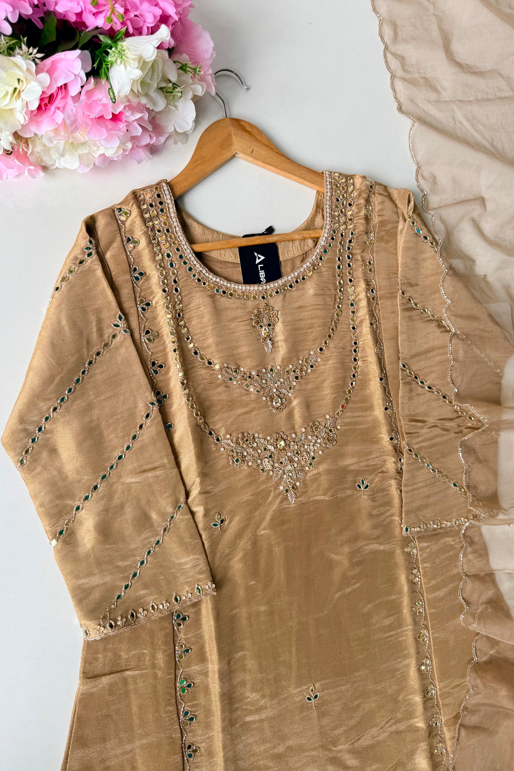 ✨Pearl – Premium Gold Beige  Mirror Work Tissue A Line Kurta Set