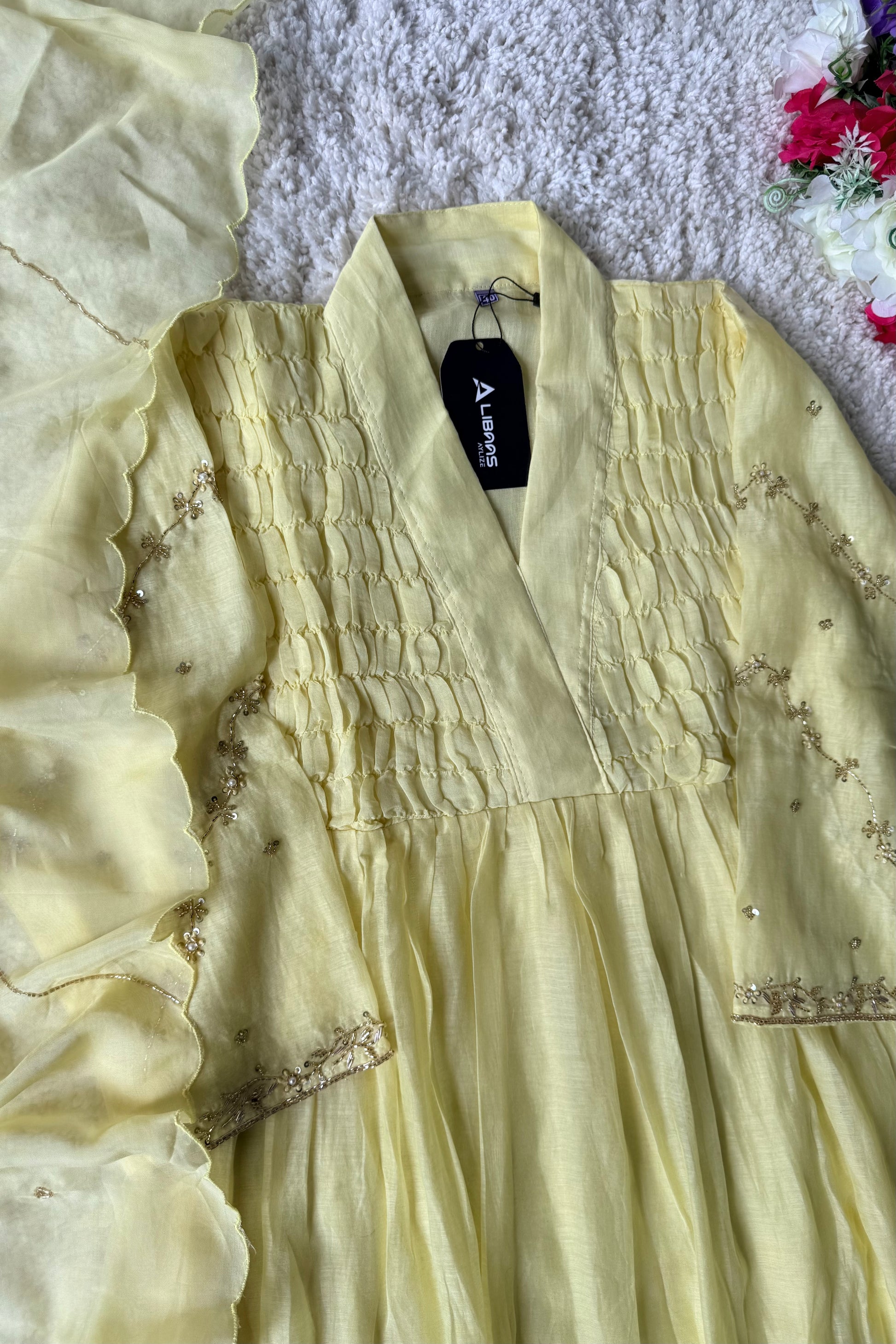 ✨Umang- Premium Yellow Mul Chanderi Anarkali Kurta Set