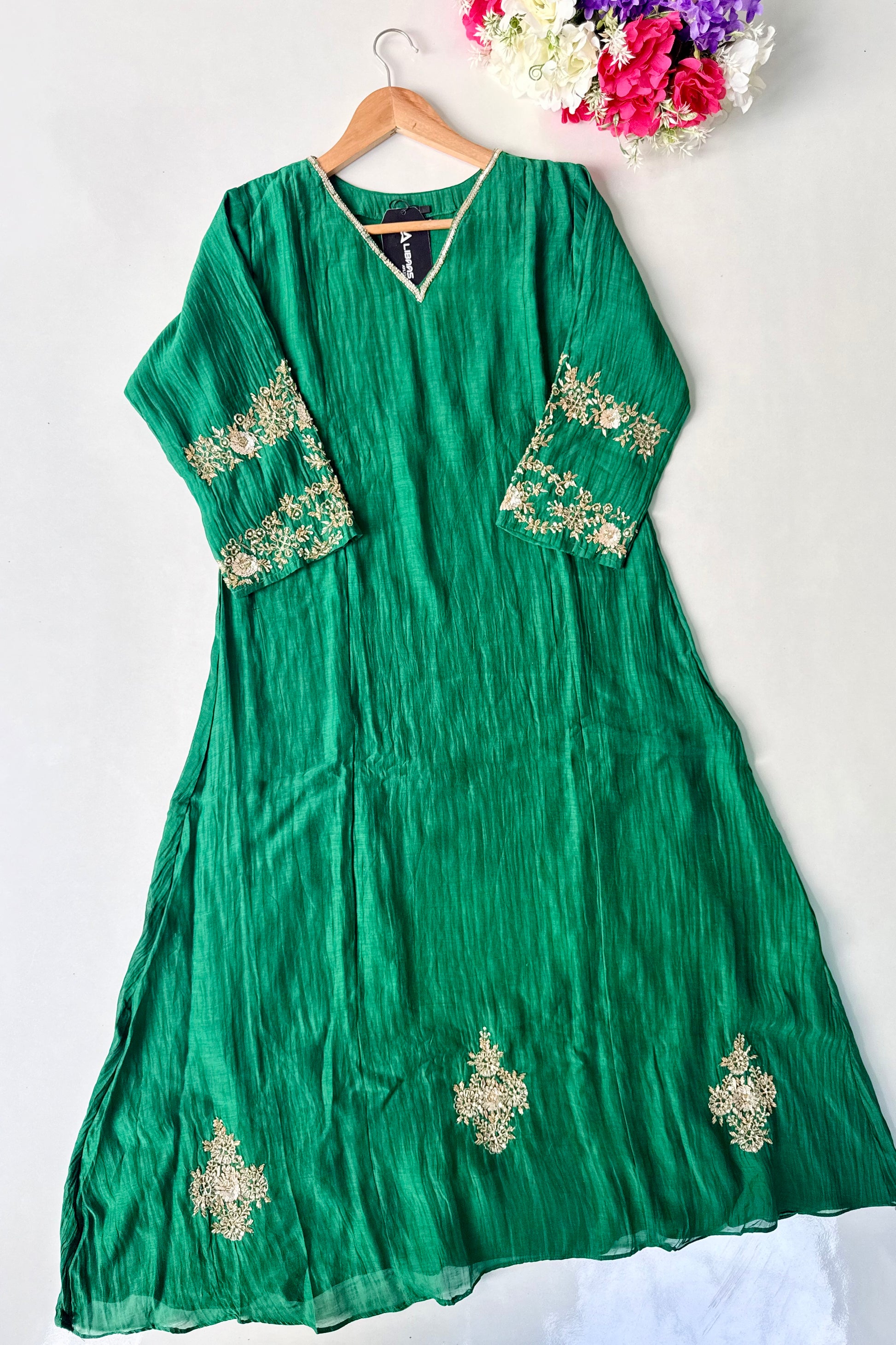 ✨”Amaya - Premium Green Mul Chanderi A-Line Kurta Set