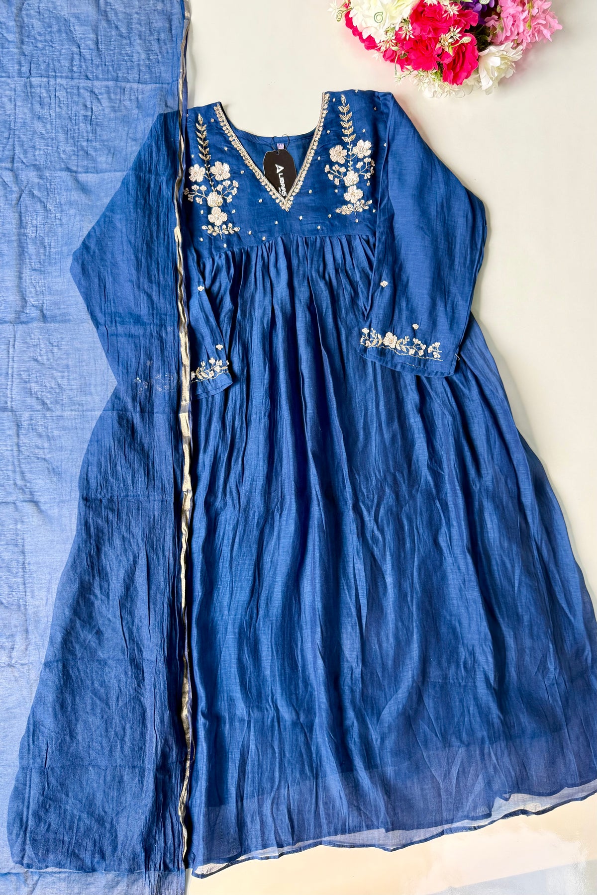🛍️”Melody –  Premium Blue Banarsi Mul Chanderi Anarkali Suit