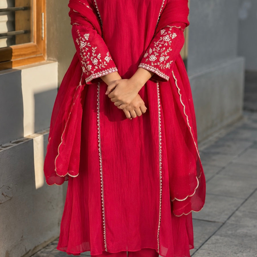 Roshni - Premium Red Mul Chanderi A Line Kurta Set ✨