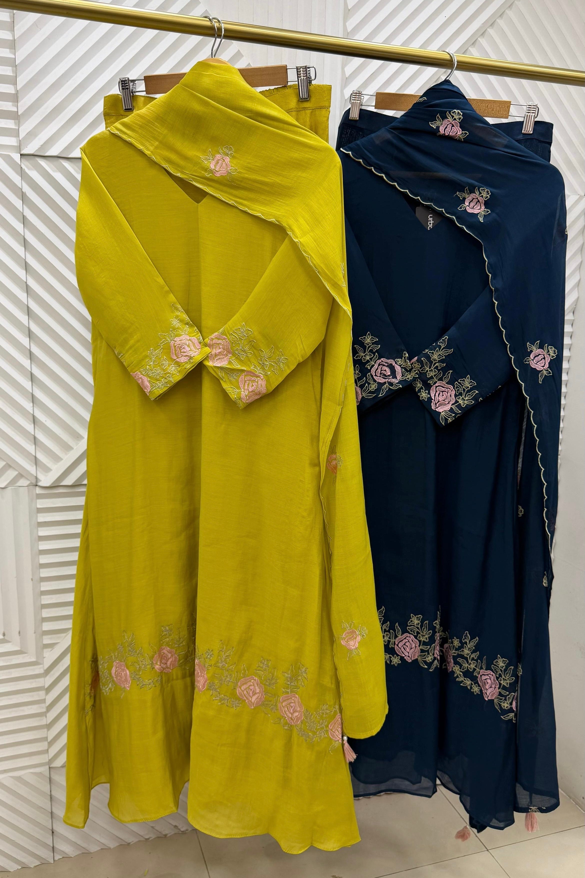 ✨Ay05- Pre book Mul Chanderi Embroidered Work A Line Kurta Set
