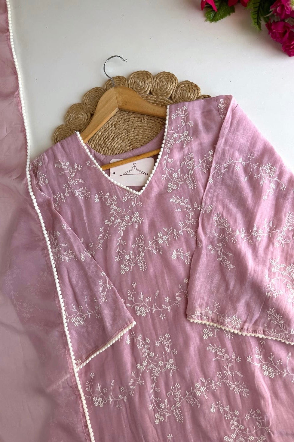 “Elina” Blossom Pink Crushed Chanderi A Line Suit set 🛍️