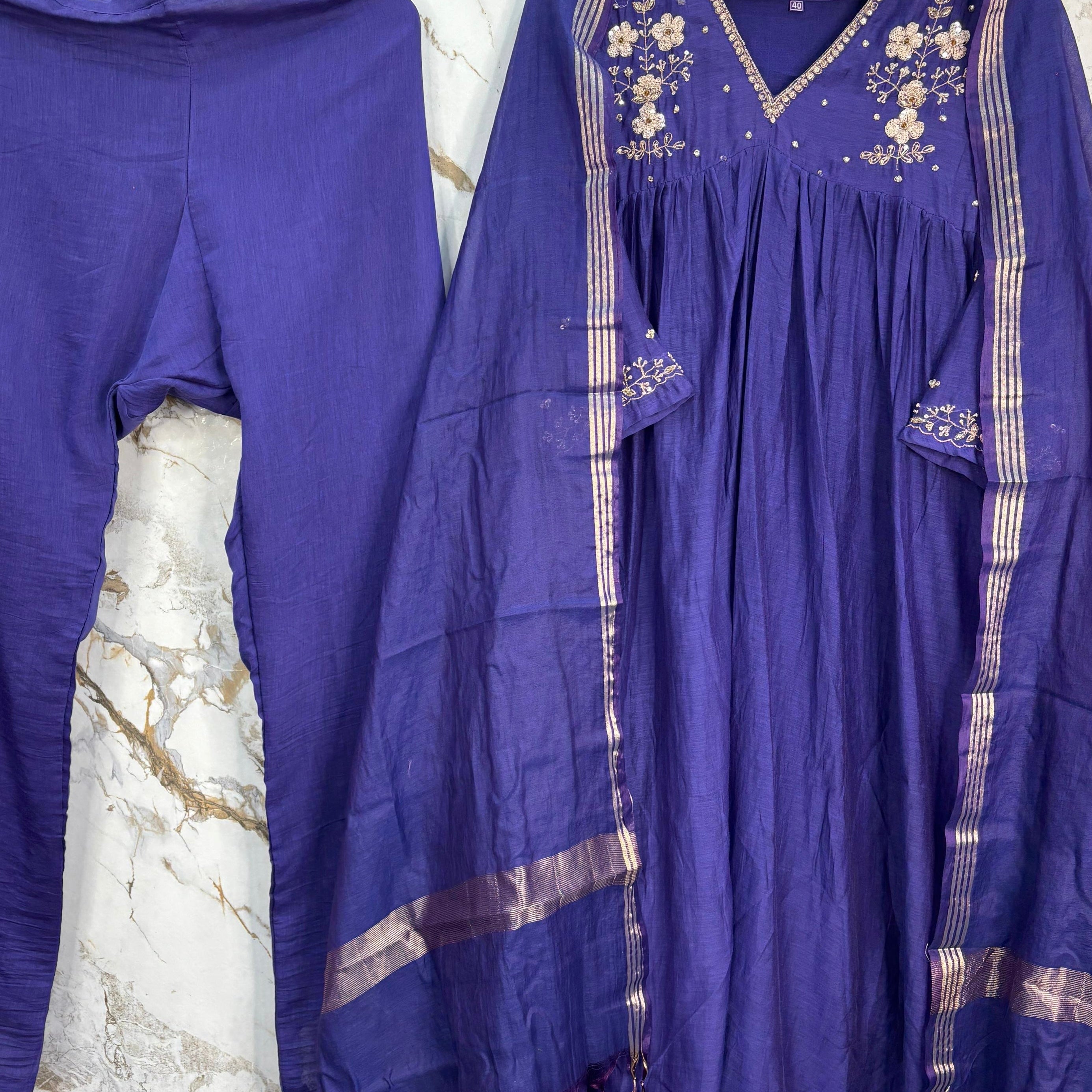 🛍️”Melody –  Premium Blue Banarsi Mul Chanderi A Line Suit