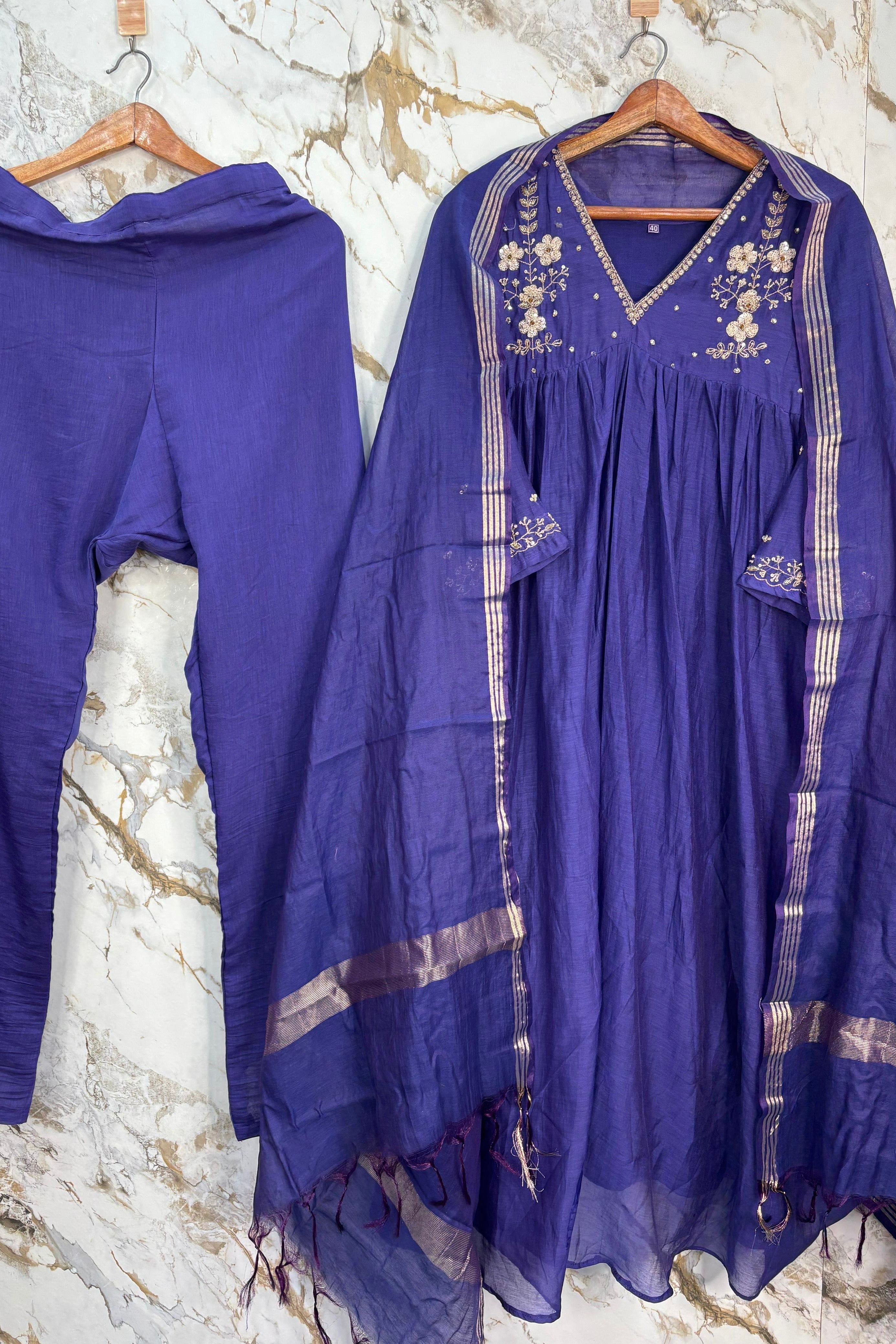🛍️”Melody –  Premium Blue Banarsi Mul Chanderi A Line Suit