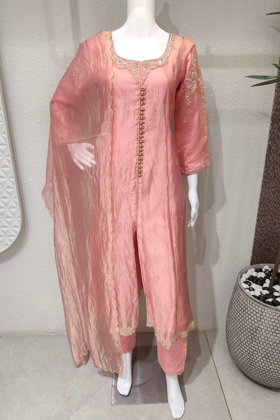 ✨Aiyana- Peach Crushed Tissue Heavy Anarkali Kurta Set