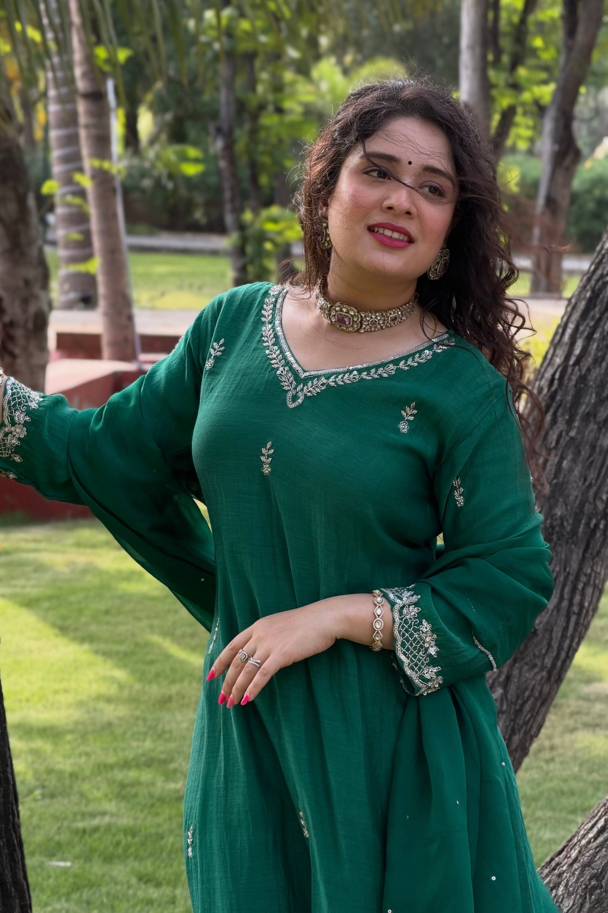 ✨”Eshal - Premium Green Mul Chanderi A-Line Kurta Set