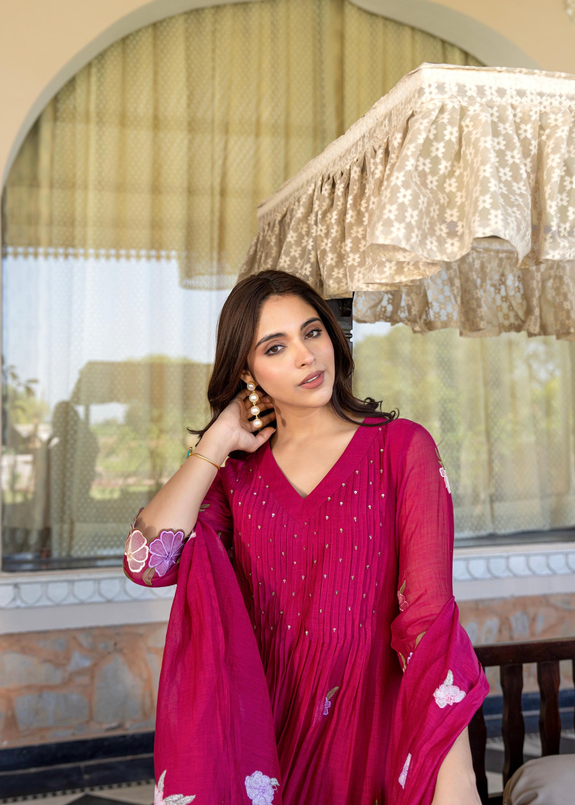 “Jhanvi” Luxury Mul Chanderi Anarkali Set | Appliqué Embroidery | Dupatta & Bottom