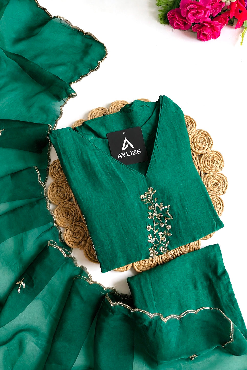 ✨”Rida - Premium Green Mul Chanderi A-Line Kurta Set