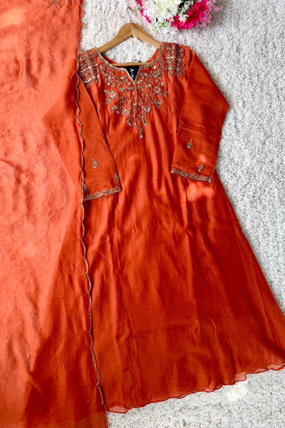 ✨Daisy - Premium Ornage Mul Chanderi A-Line Anarkali Kurta set