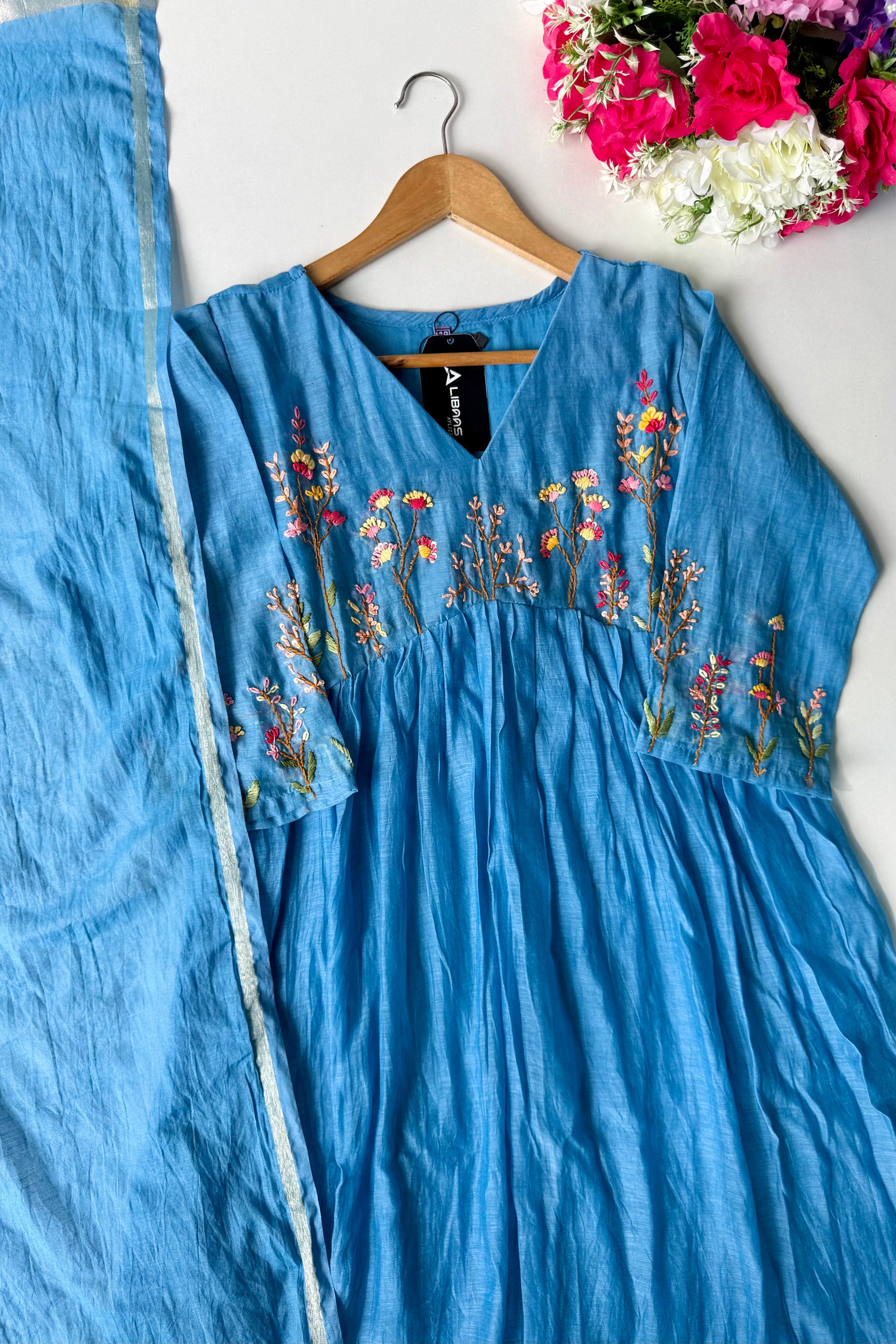 💙AYRA- Azure Blue Mul Chanderi Thread Work Anarkali Kurta Set