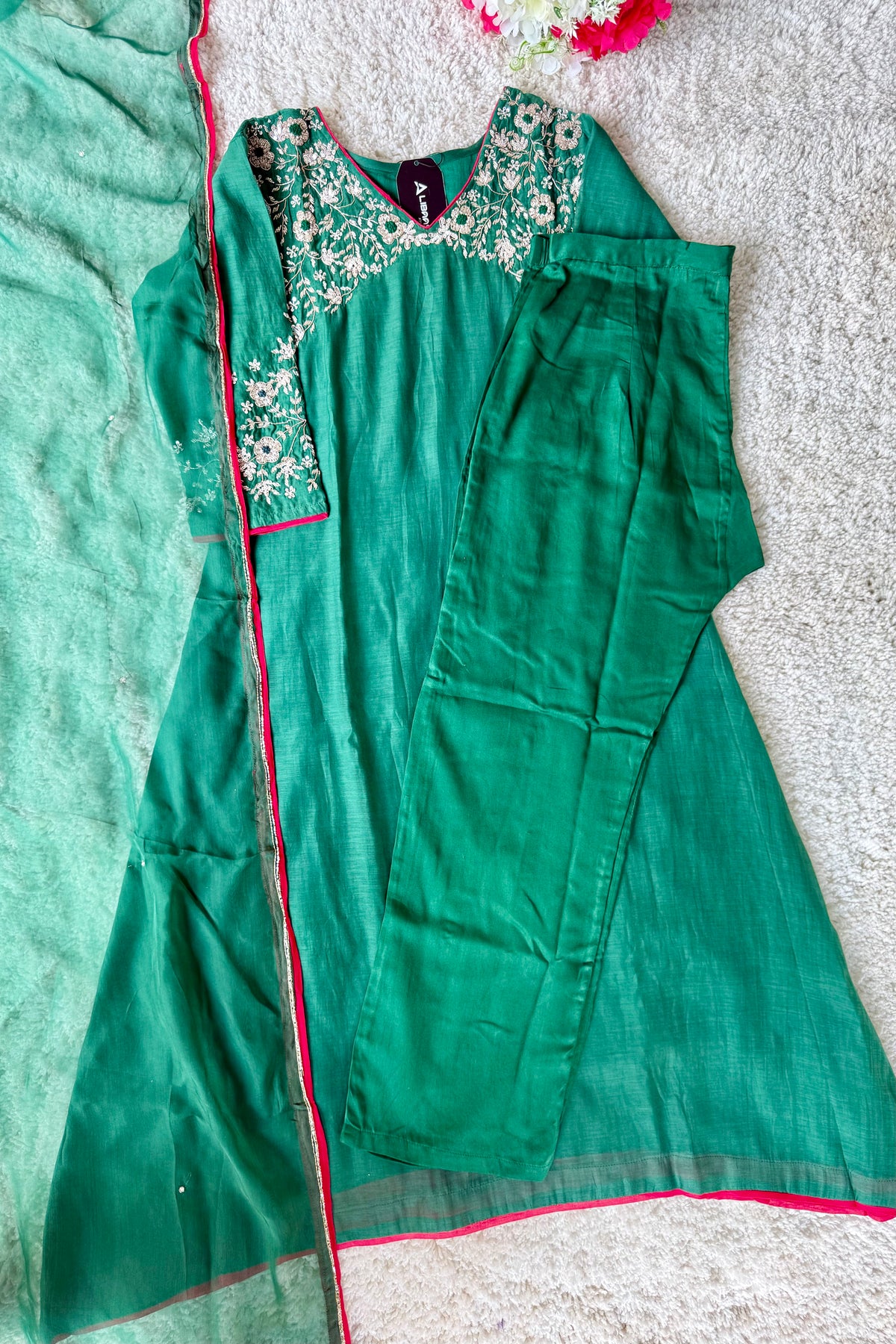 ✨Myra - Premium Green Mul Chanderi A-Line Anarkali Kurta set
