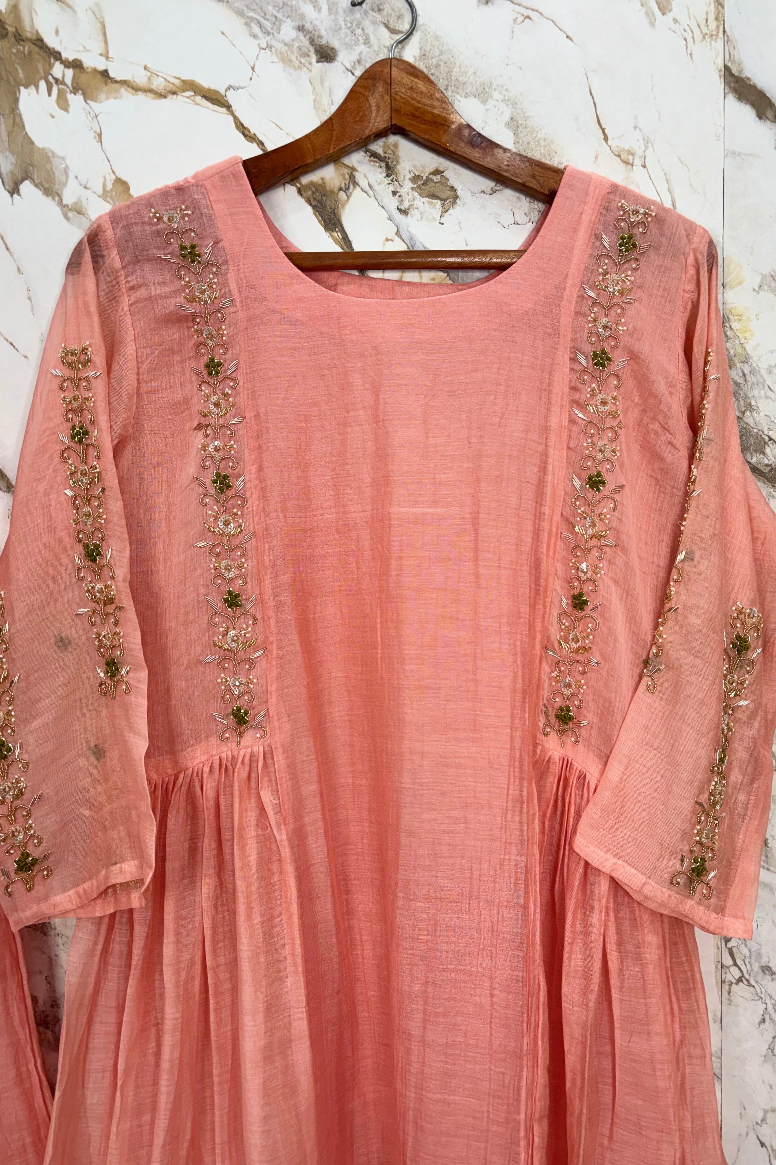 ✨”Princi- Premium Coral Rose Mul Chanderi Anarkali Kurta Set