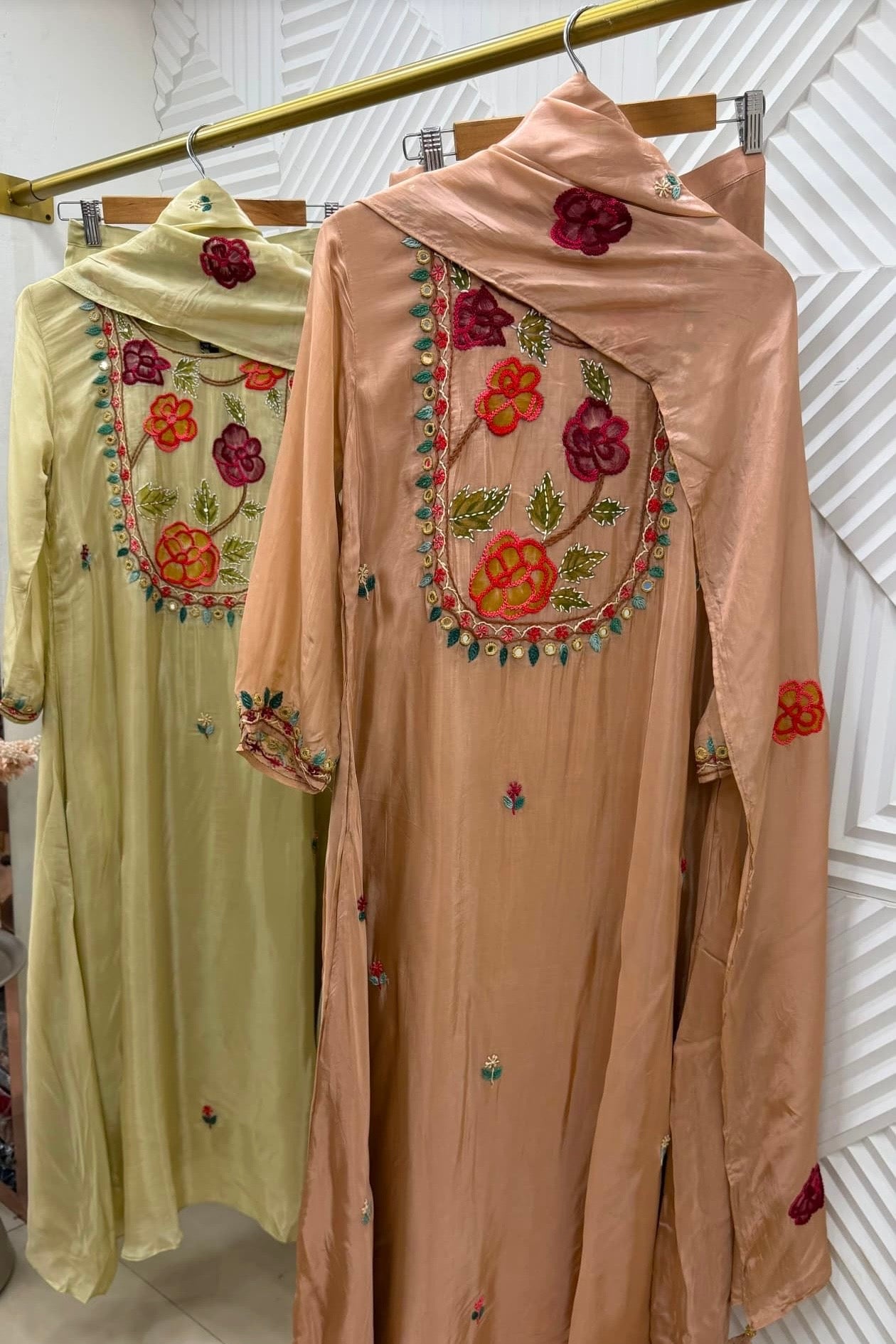 🛍️”Farhat –  Mul Chanderi Thread work A Line Kurta Set
