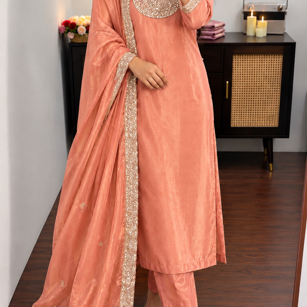 “SHINE” Beautiful Peach with gold shimmer tissue kurta set
