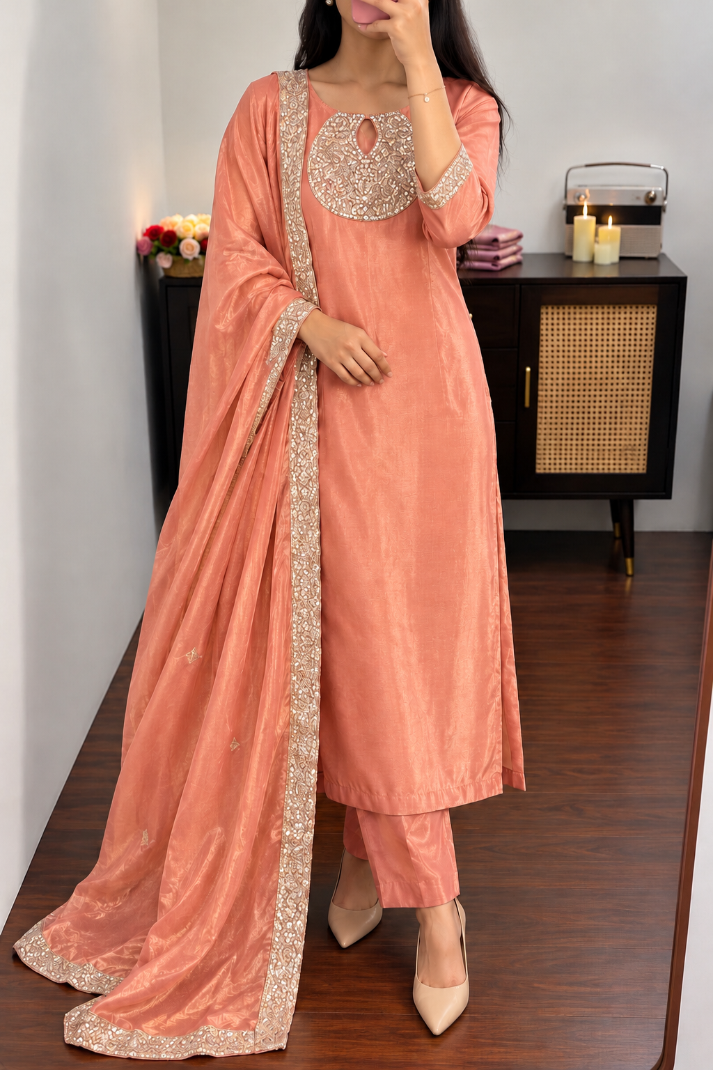 “SHINE” Beautiful Peach with gold shimmer tissue kurta set