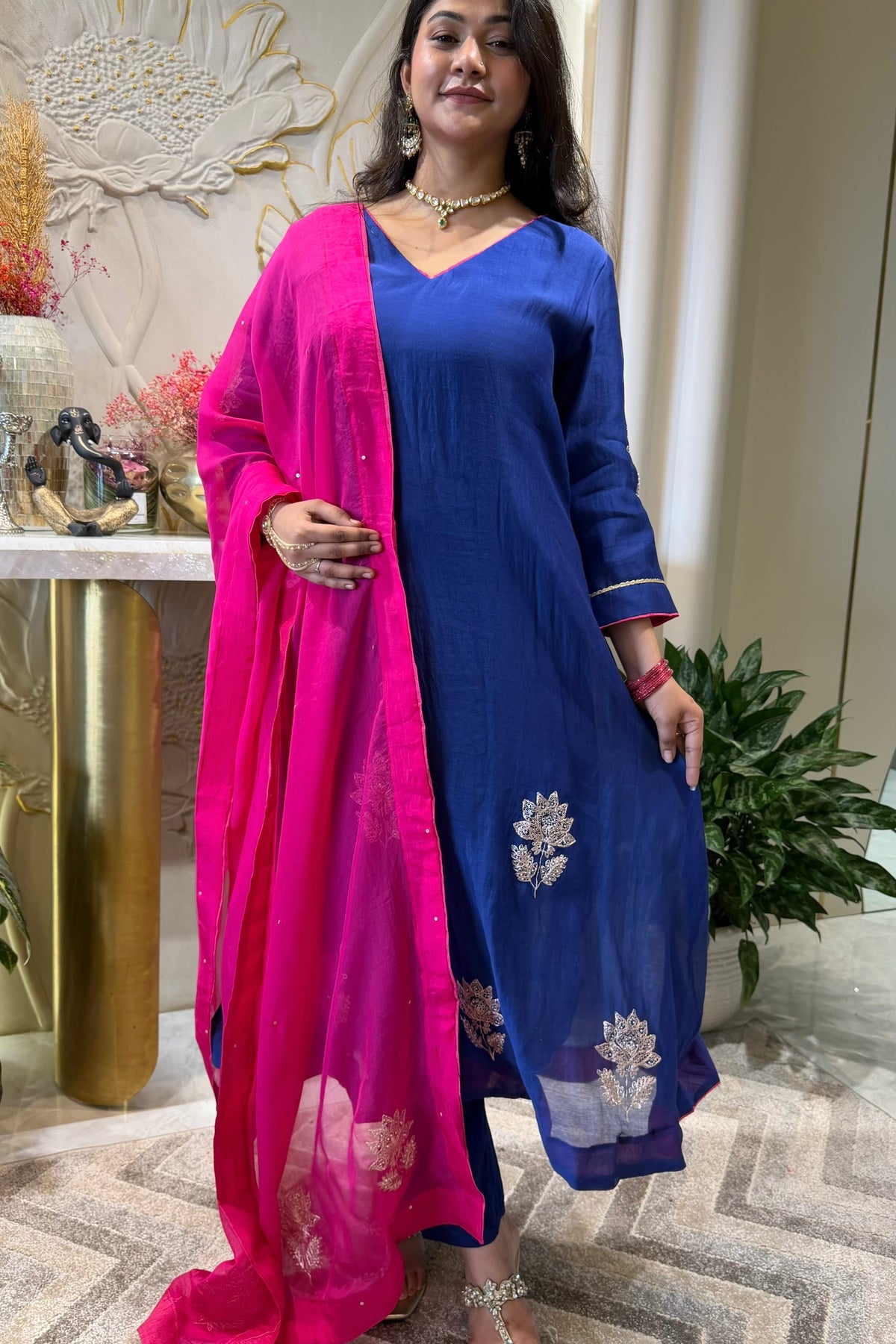 ✨Vedika - Blue Mul Chanderi A-Line Kurta set