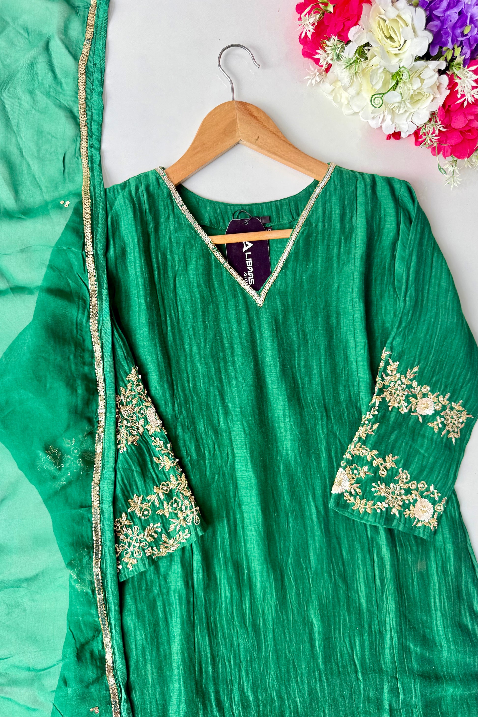✨”Amaya - Premium Green Mul Chanderi A-Line Kurta Set