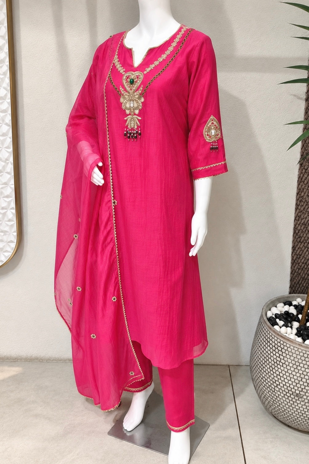 ✨”Palak - Premium Royal Pink Mul Chanderi A-Line Kurta Set