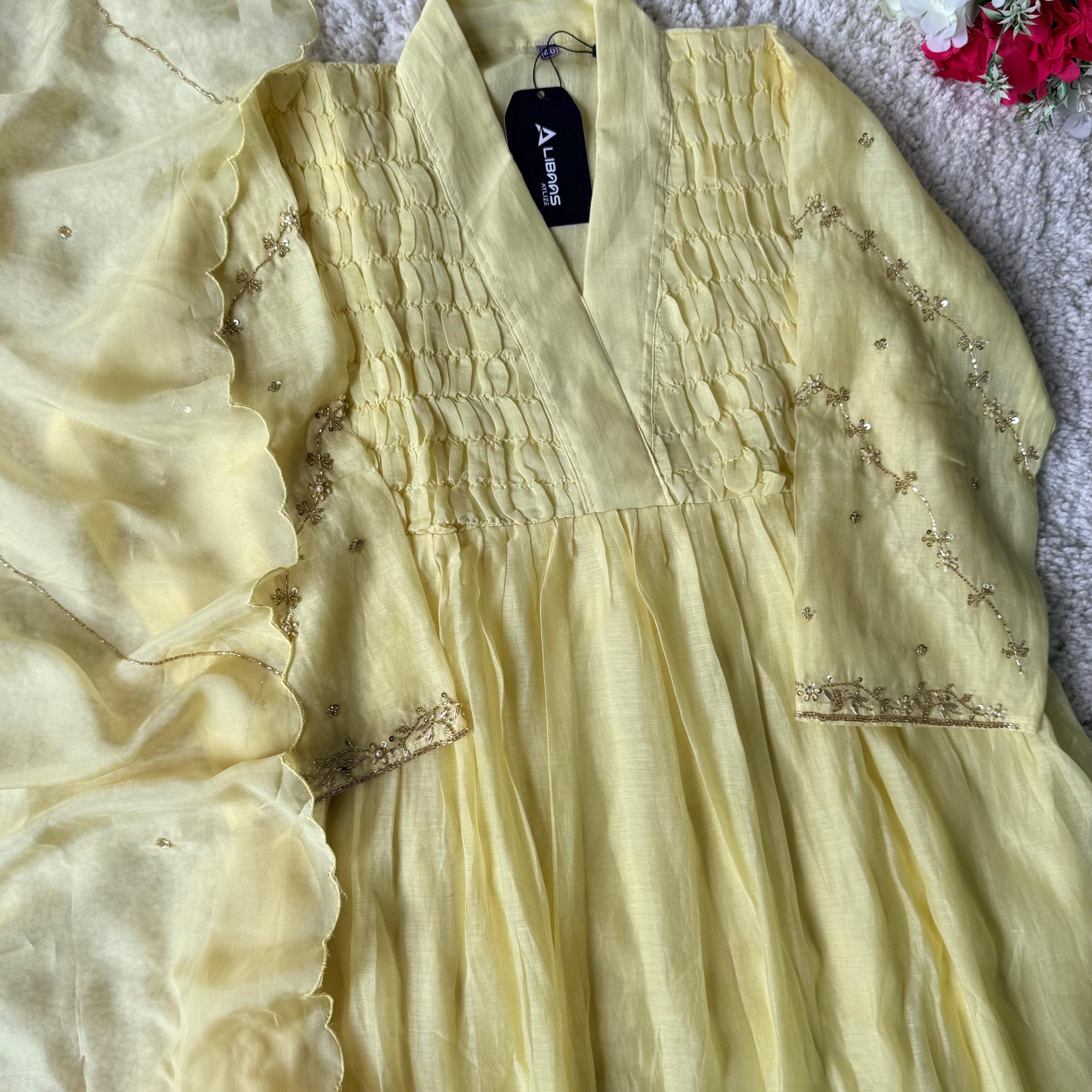 ✨Umang- Premium Yellow Mul Chanderi Anarkali Kurta Set