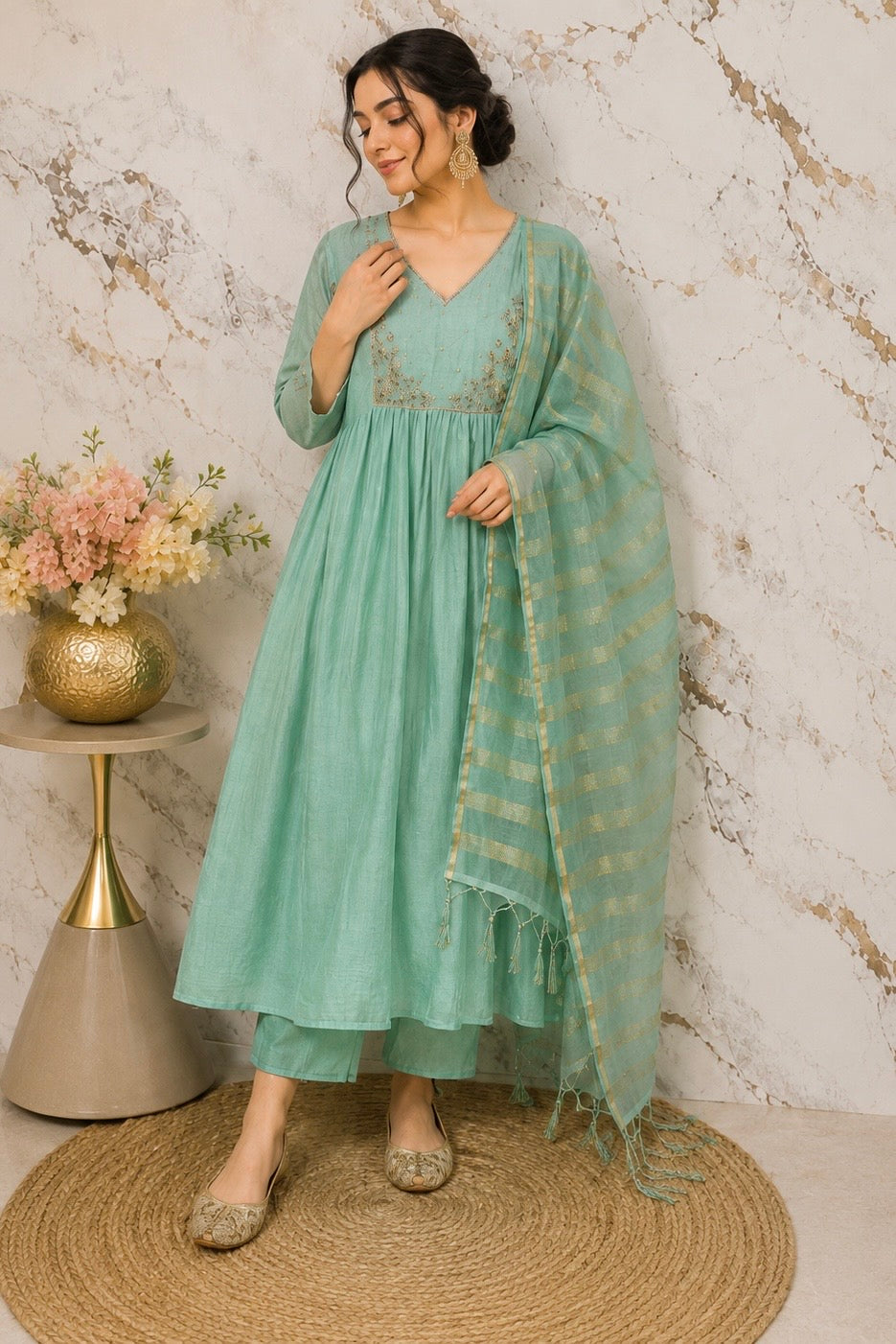 ✨ Gulnoor – Mul Chanderi A-Line Kurta Set with Dupatta
