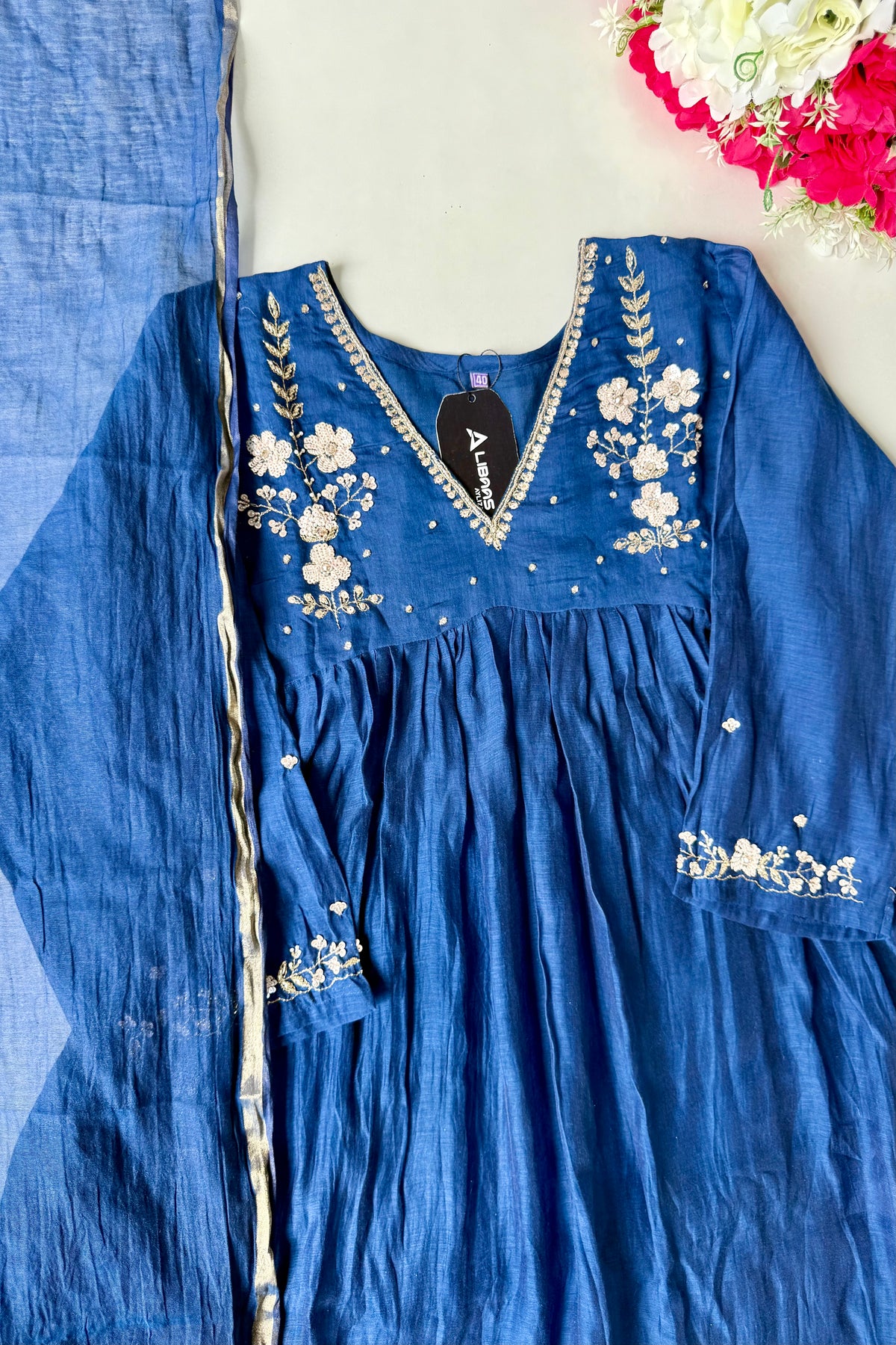 🛍️”Melody –  Premium Blue Banarsi Mul Chanderi Anarkali Suit