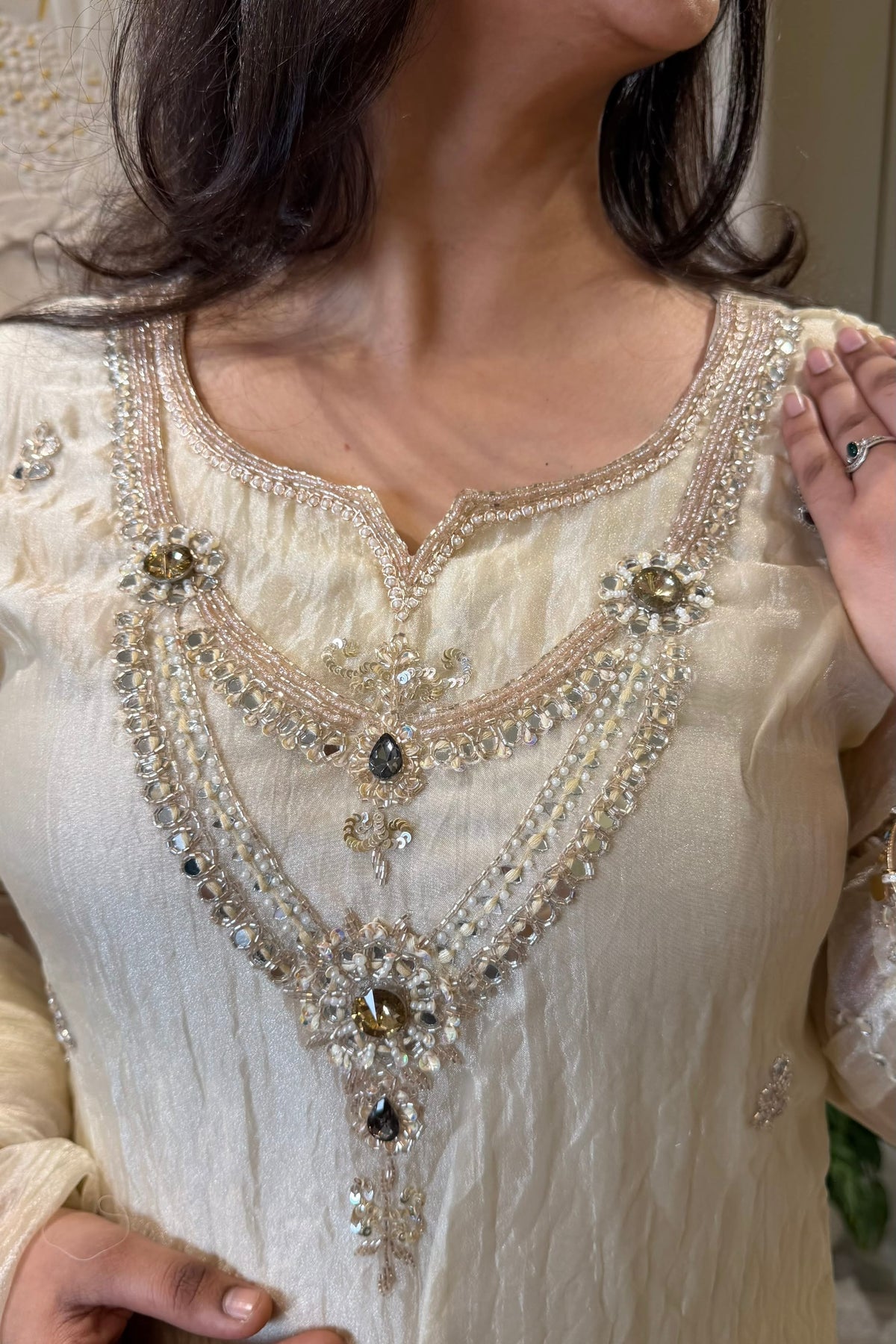 ✨Farah- Ivory Champagne Tisuse A-Line Kurta set