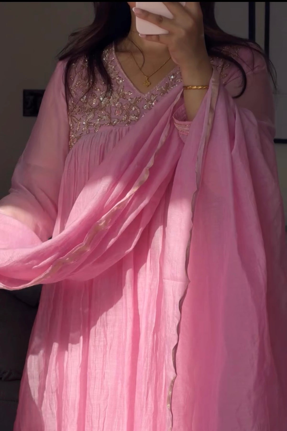 ✨”Mahek- Premium Pink Mul Chanderi A-Line Kurta Set✨