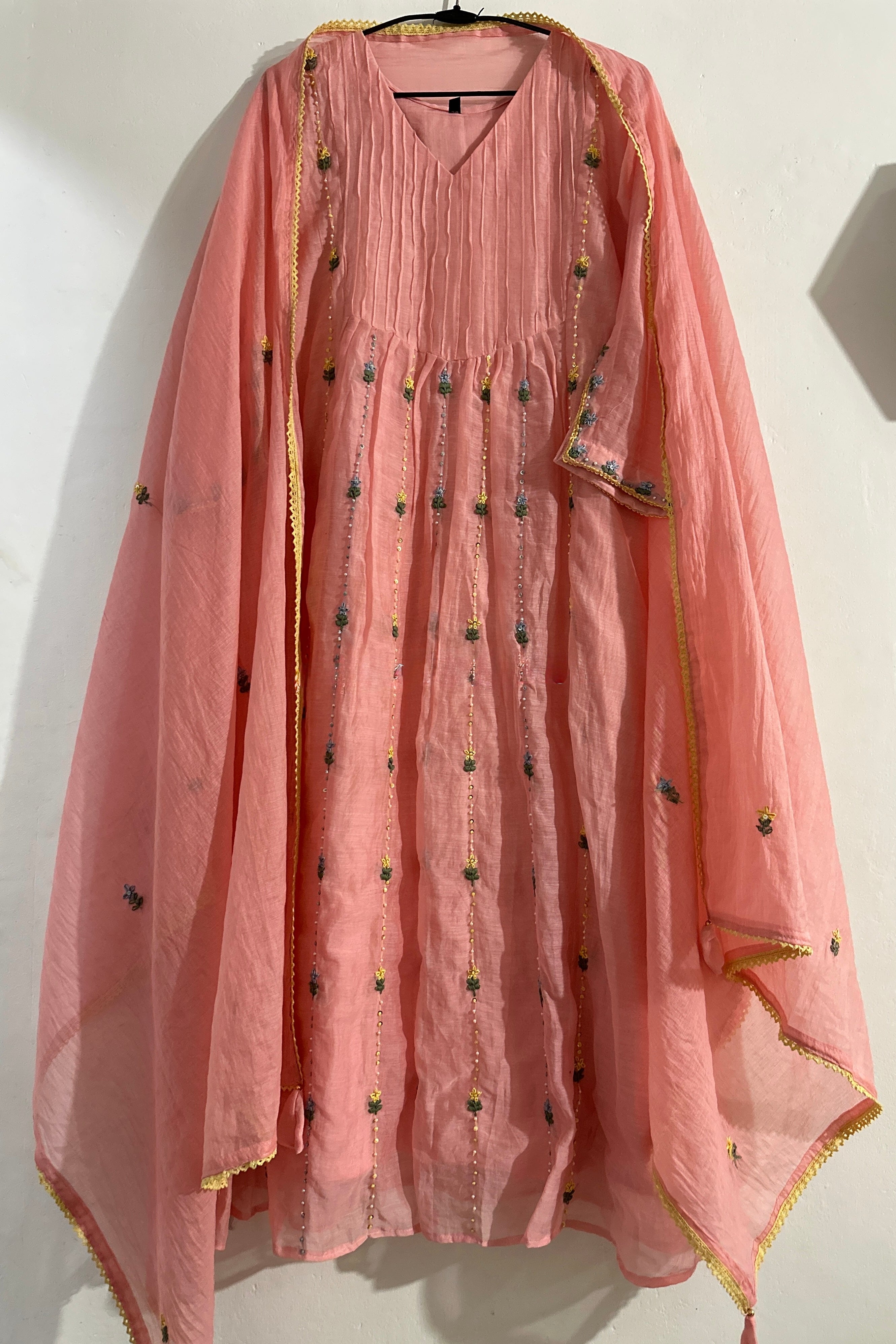 ✨”Sunshine– Premium Blush Pink Banaras Mul Chanderi A-Line Suit