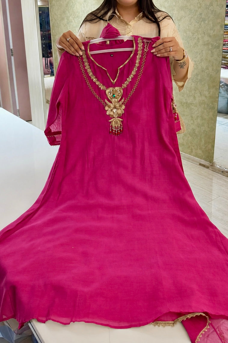 ✨”Falak - Premium Pink Mul Chanderi A-Line Kurta Set