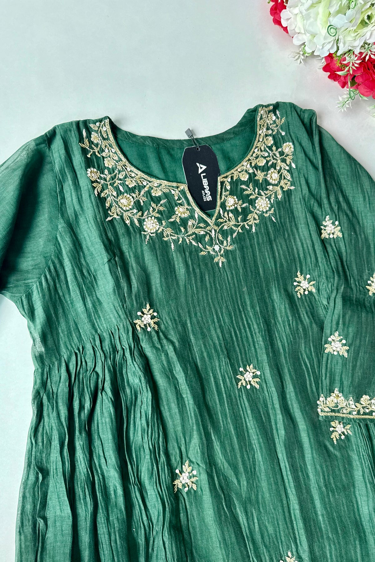 ✨Zoe - Premium Bottle Green Mul Chanderi A Line Kurta Set ✨