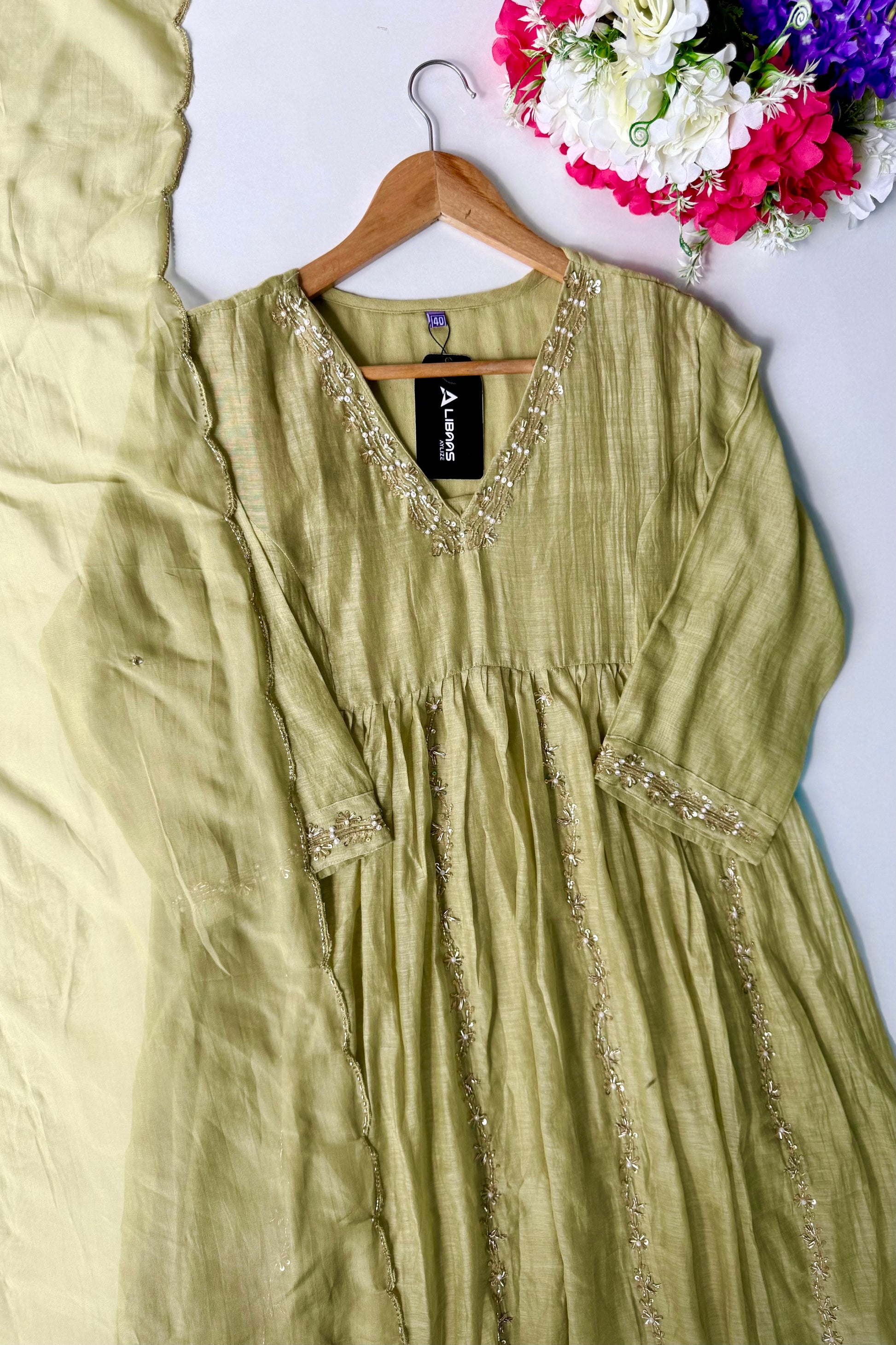 ✨Florence - Olive Pistachio Mul Chanderi Anarkali Suit set 🛍️