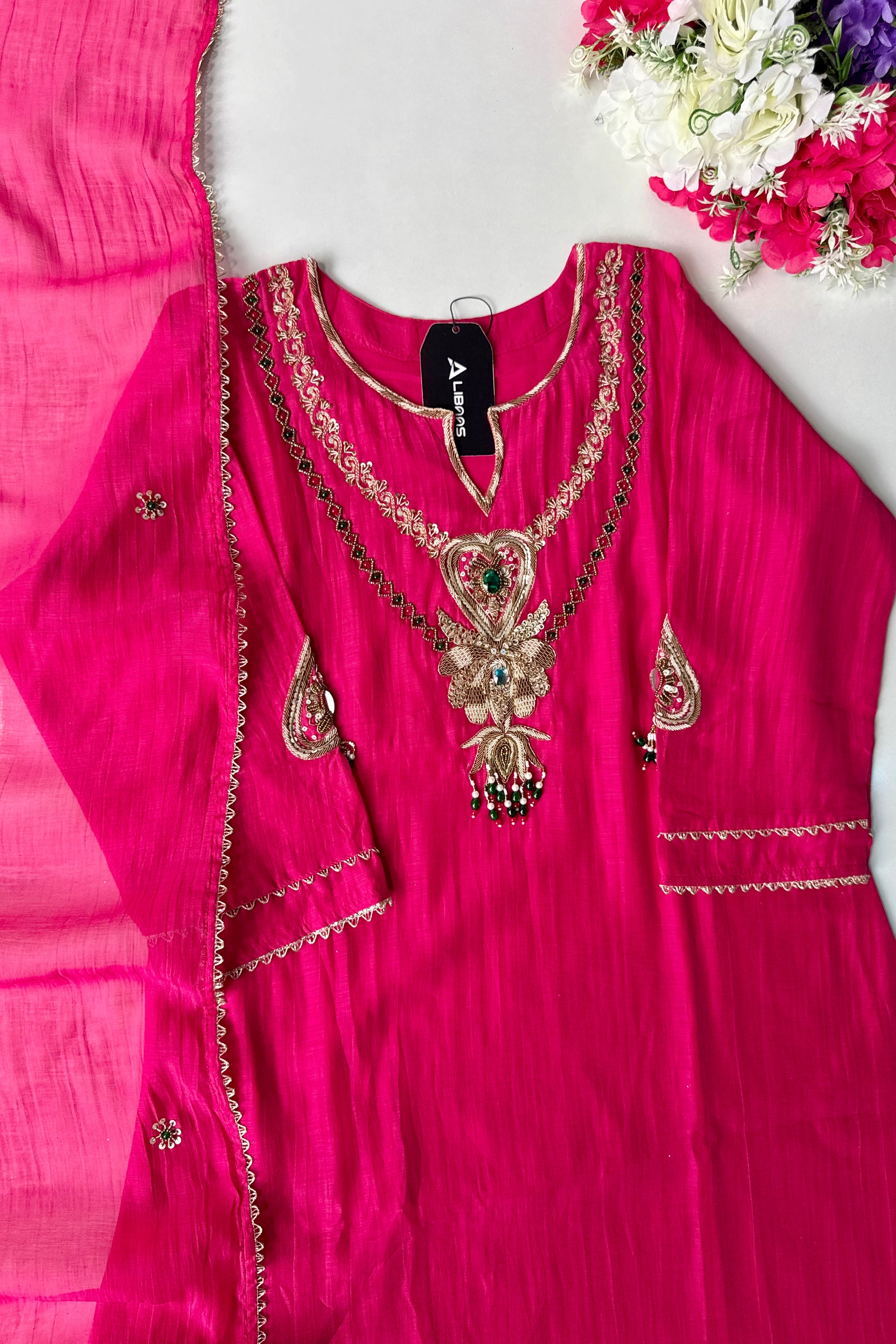 ✨”Falak - Premium Royal Pink Mul Chanderi A-Line Kurta Set