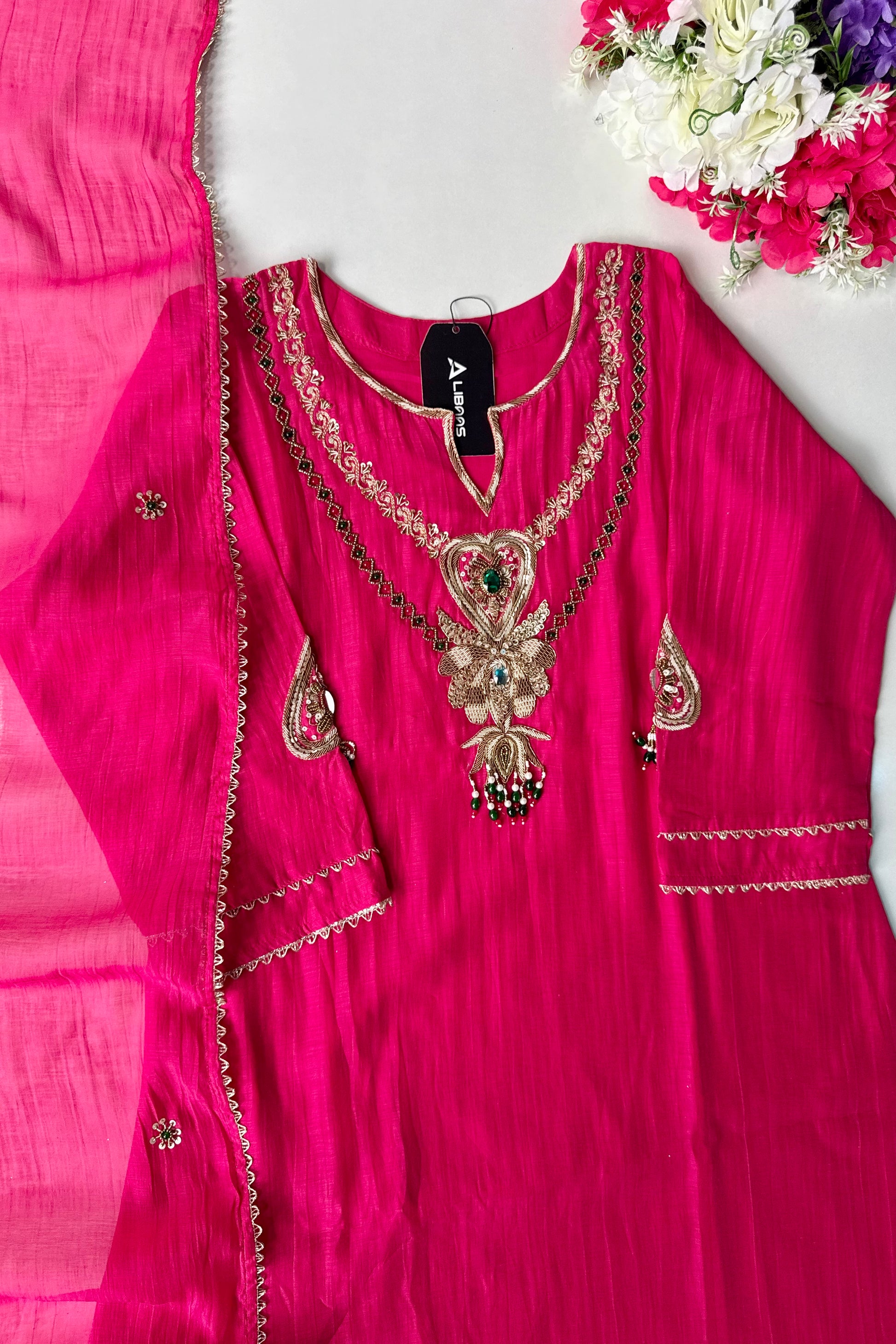 ✨”Falak - Premium Royal Pink Mul Chanderi A-Line Kurta Set