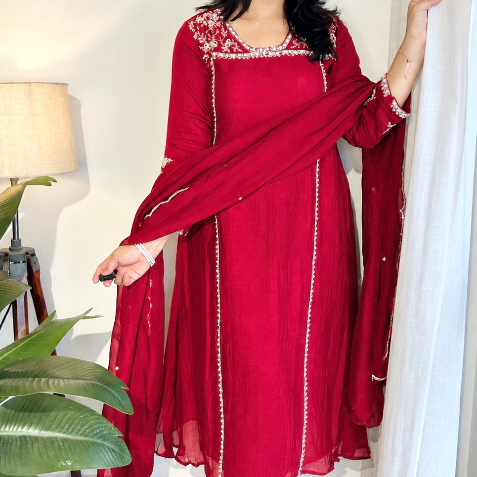 Roshni - Premium Red Mul Chanderi A Line Kurta Set ✨