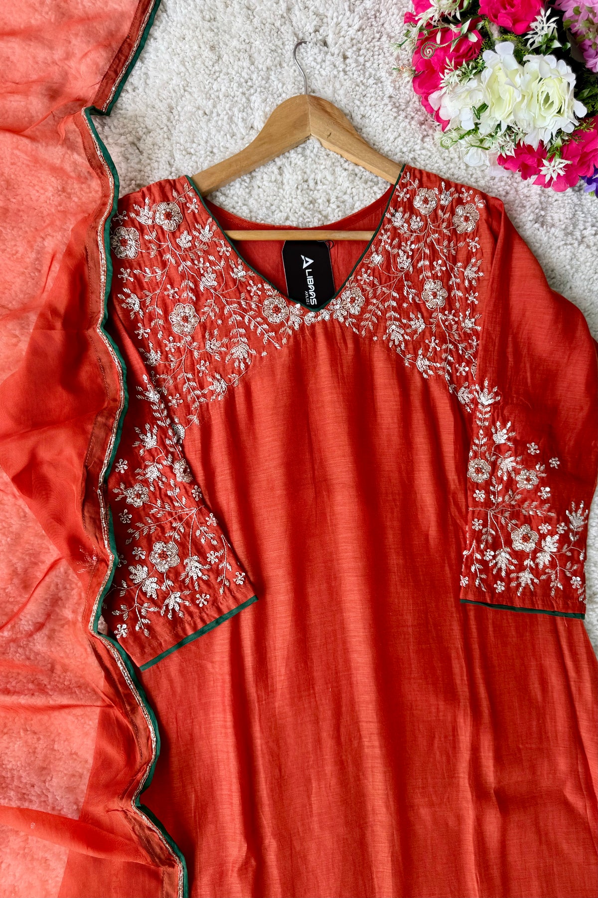 ✨Myra - Premium Orange Mul Chanderi A-Line Anarkali Kurta set