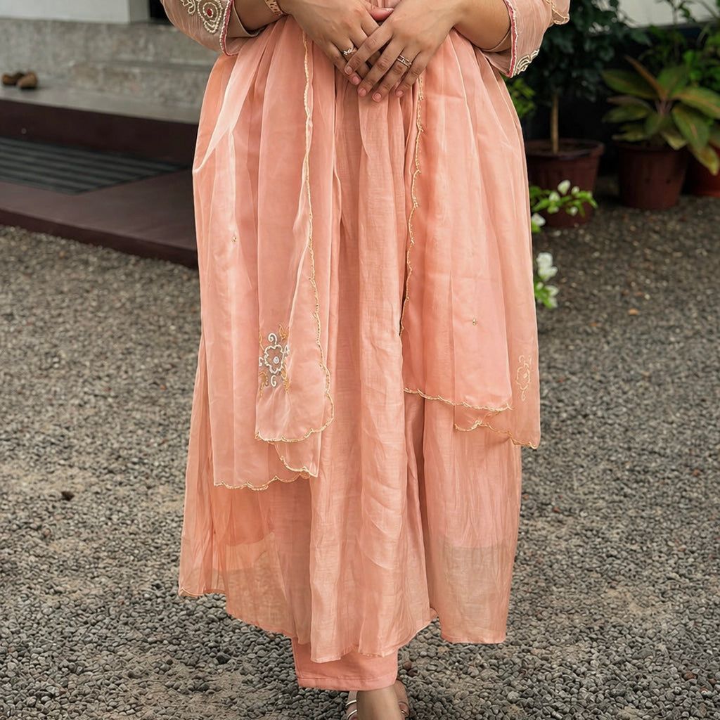 ✨Ay11- Peach Mul Chanderi A Line Kurta set