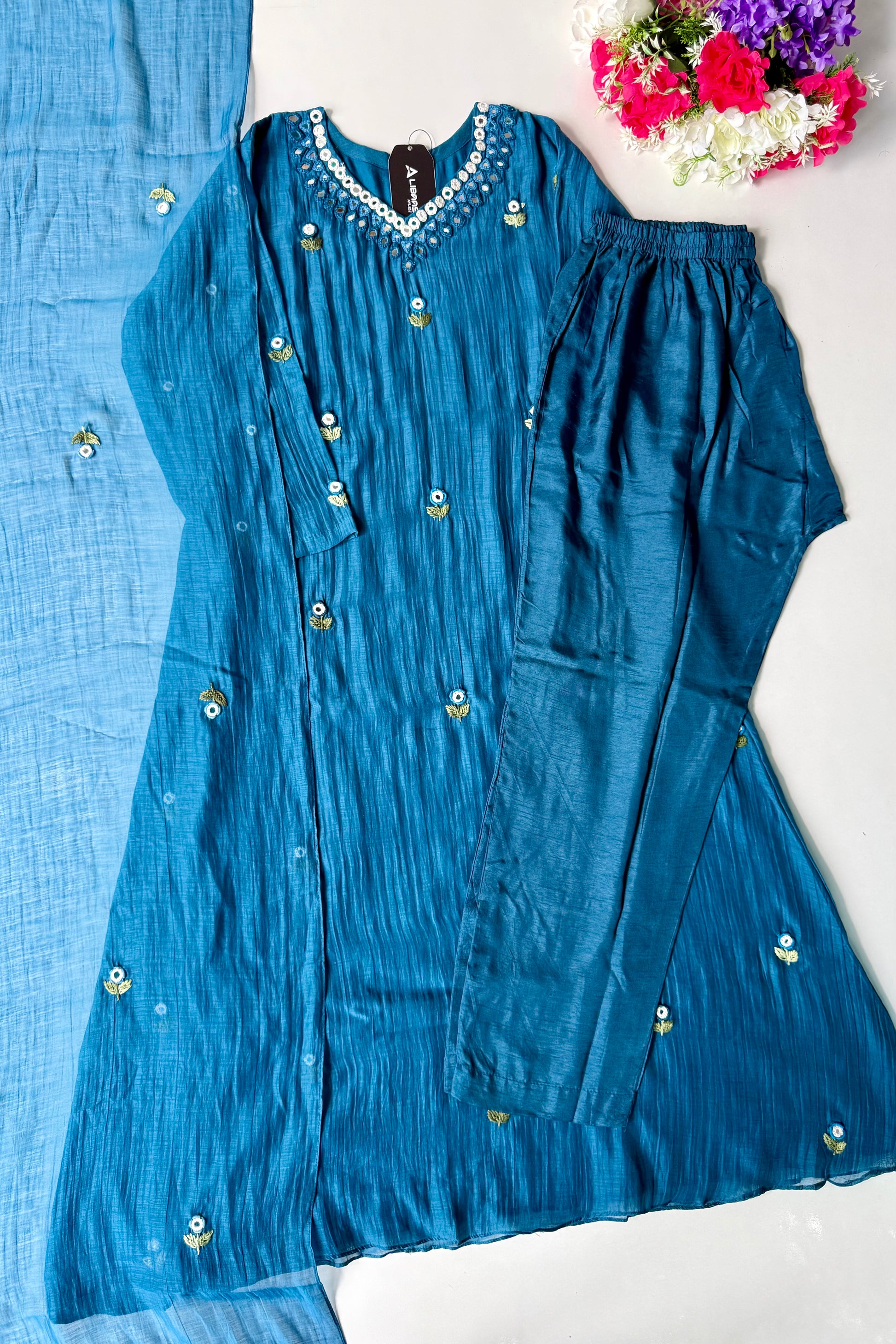 ✨”Ruby - Premium Blue Mul Chanderi A-Line Kurta Set