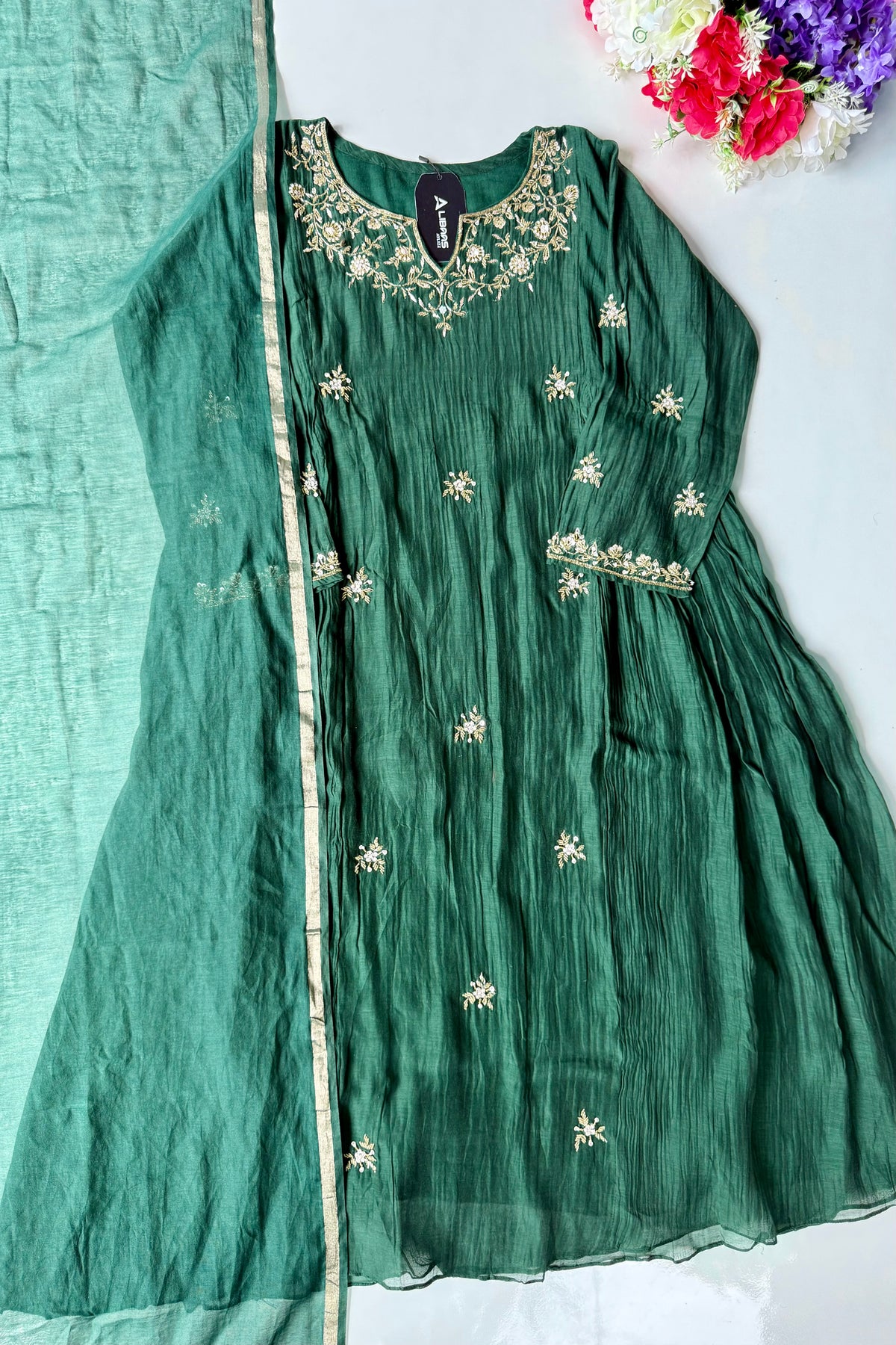 ✨Zoe - Premium Bottle Green Mul Chanderi A Line Kurta Set ✨