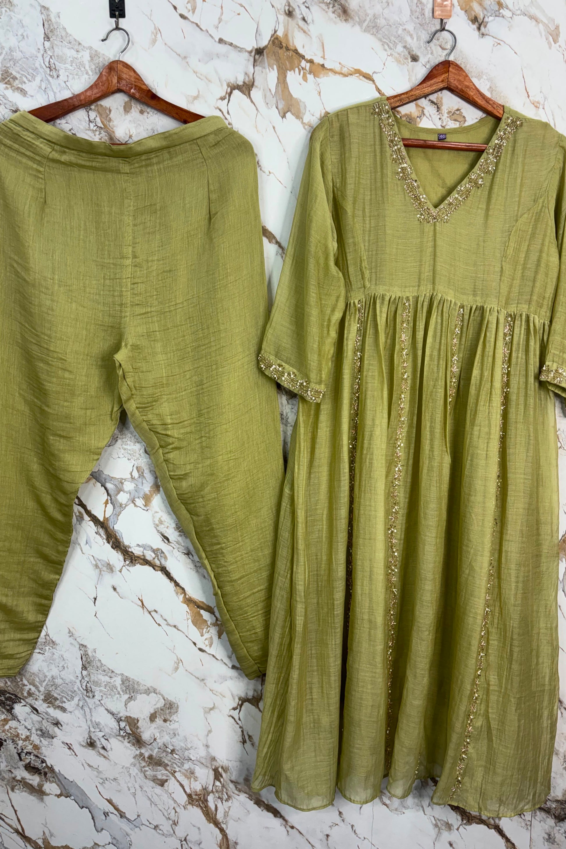 ✨Florence - Olive Pistachio Mul Chanderi Anarkali Suit set 🛍️