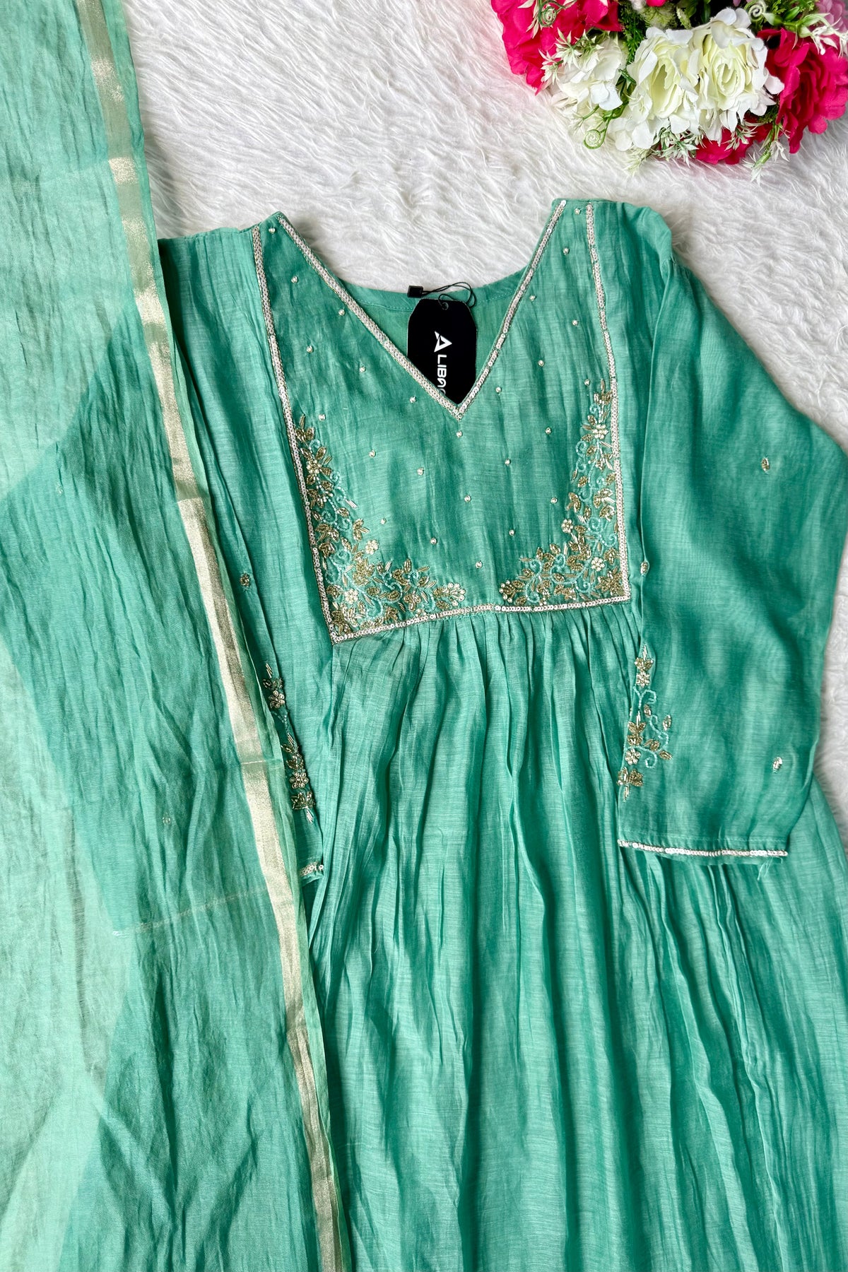 ✨ Gulnoor – Green Mul Chanderi A-Line Kurta Set with Dupatta