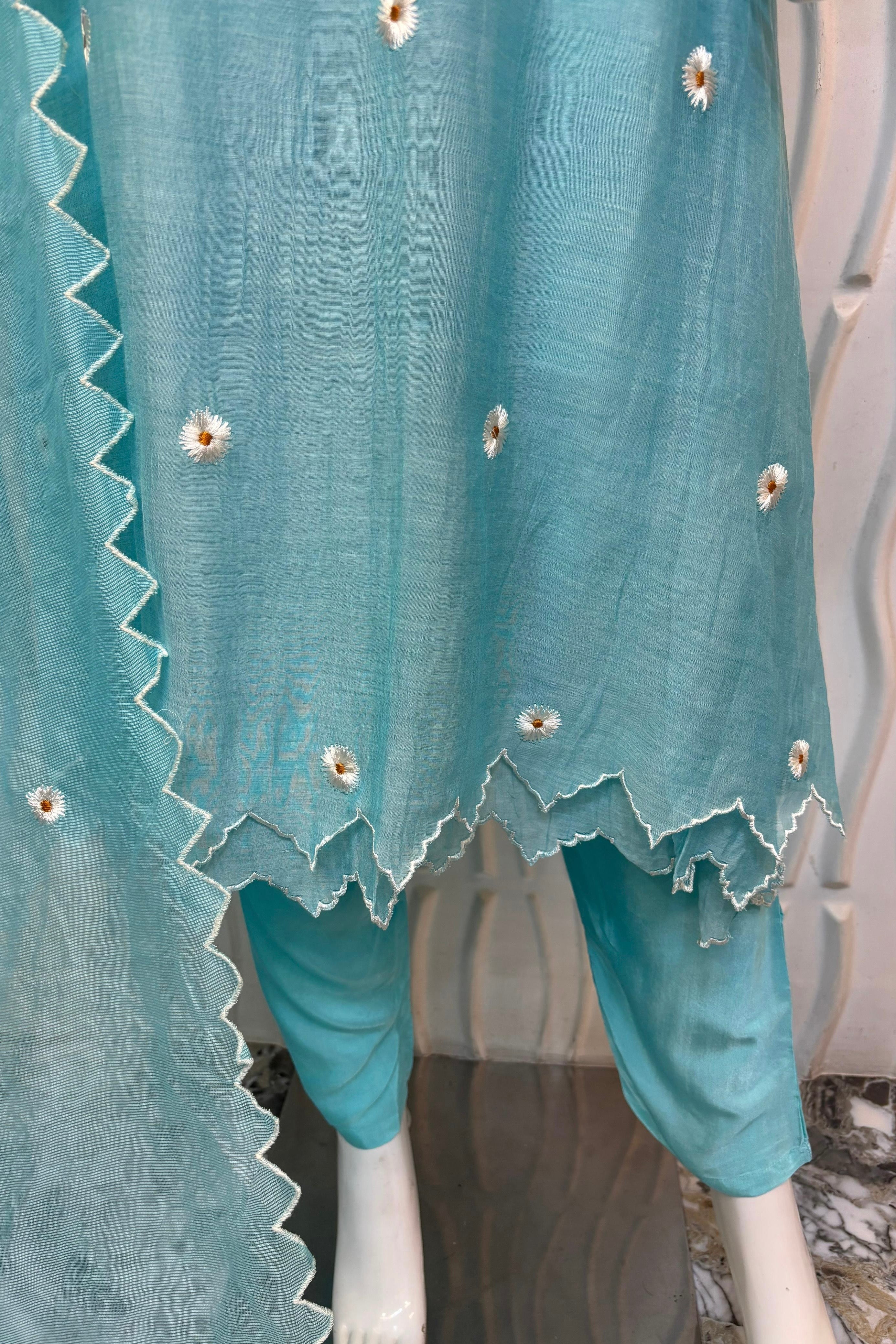 💫Tara – Premium Sea Blue Mul Chanderi A Line Kurta Set