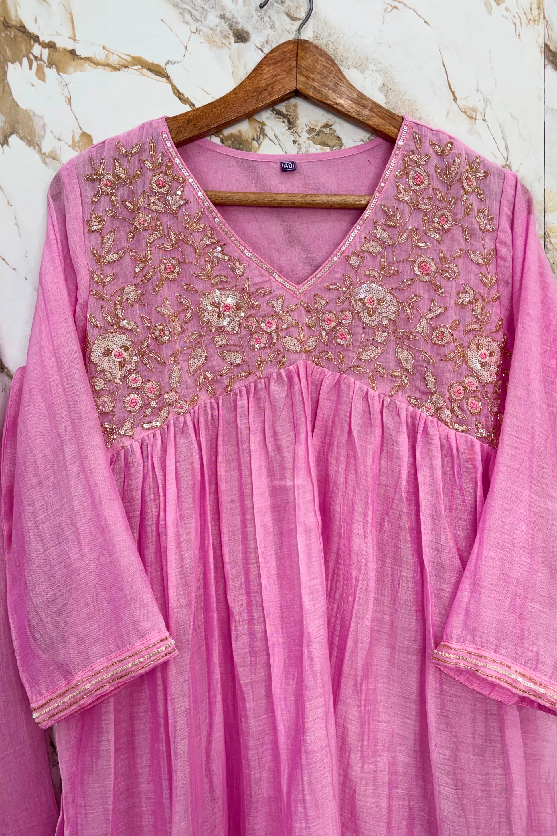 ✨”Mahek- Premium Pink Mul Chanderi A-Line Kurta Set