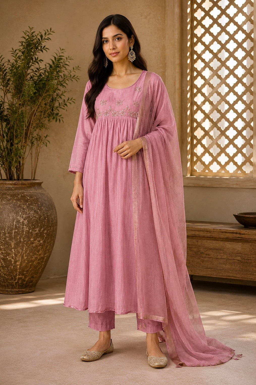 ✨ Sharmila – Banarsi Mul Chanderi A-Line Kurta Set with Dupatta
