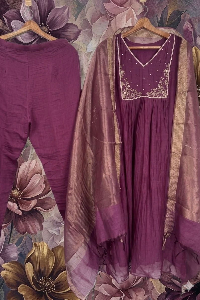 ✨ Gulnoor – Mul Chanderi A-Line Kurta Set with Dupatta
