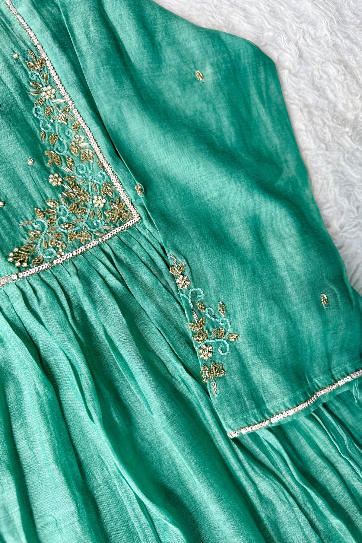 ✨ Gulnoor – Green Mul Chanderi A-Line Kurta Set with Dupatta